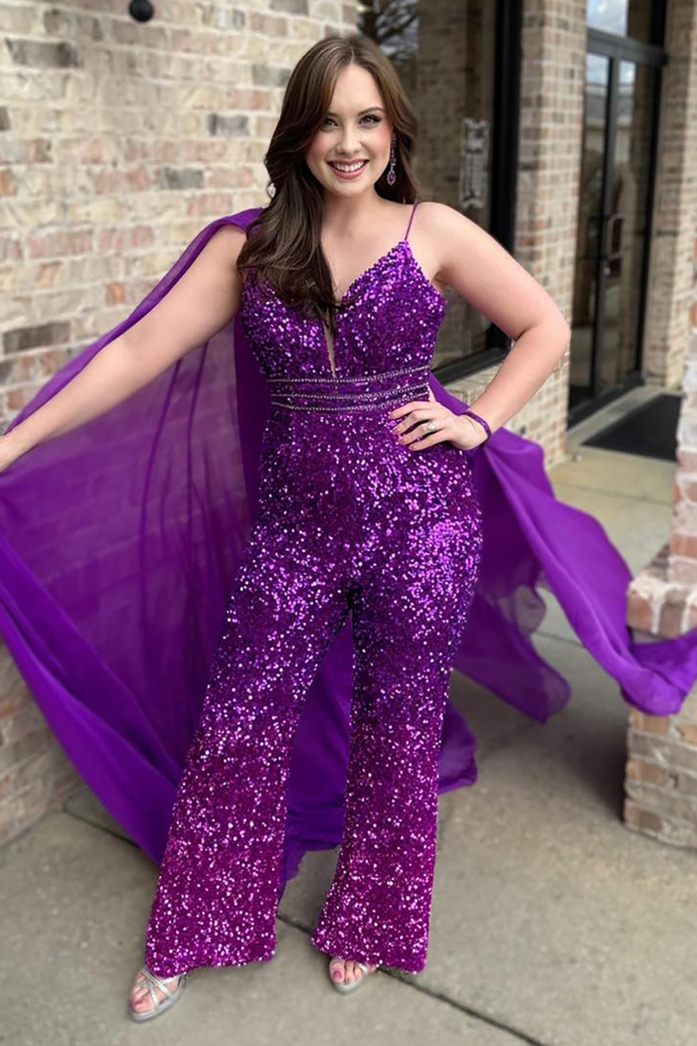 Grape Sequin Spaghetti Straps Prom Jumpsuit with Tulle Cape