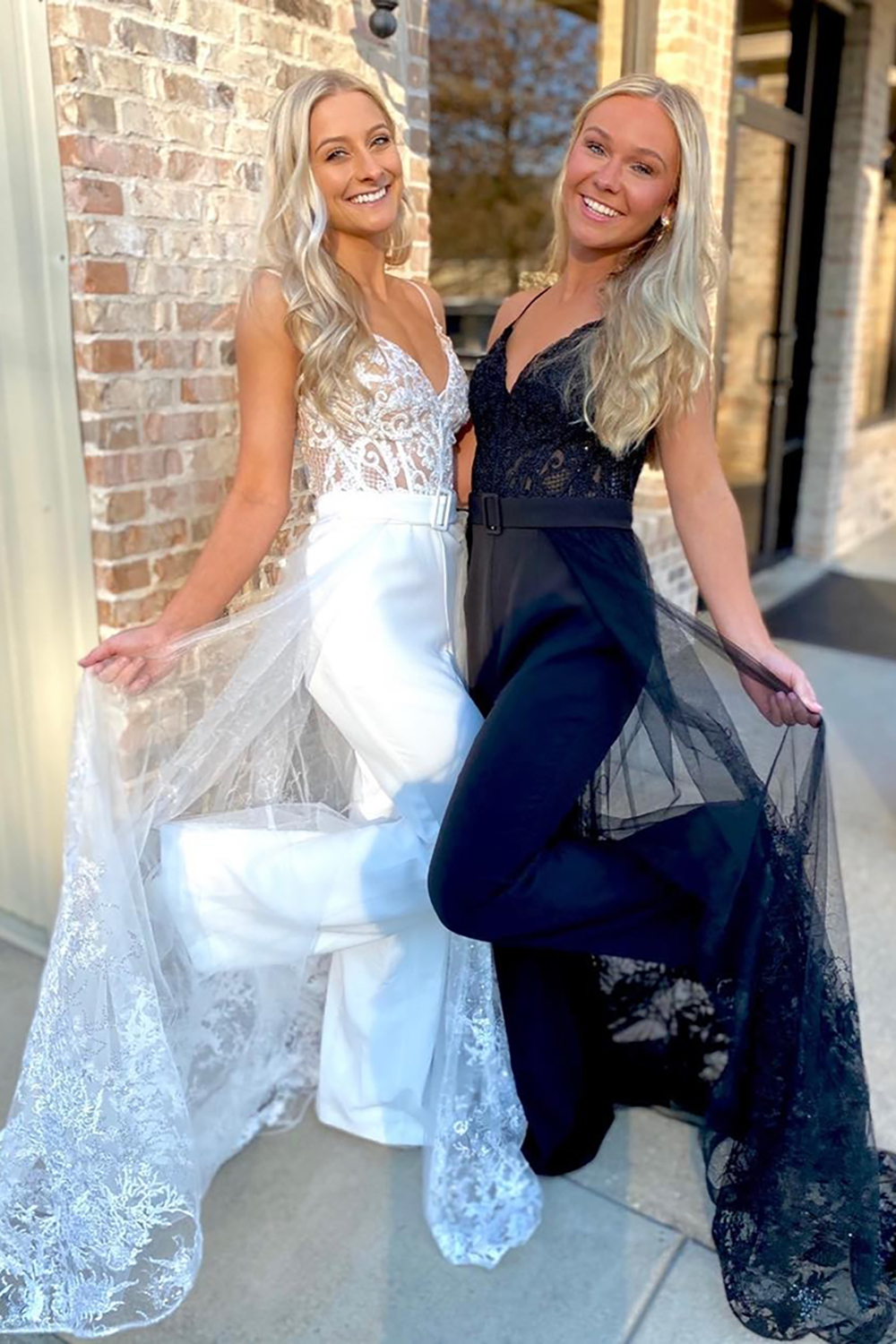White Lace Spaghetti Straps Tulle Corset Prom Jumpsuits