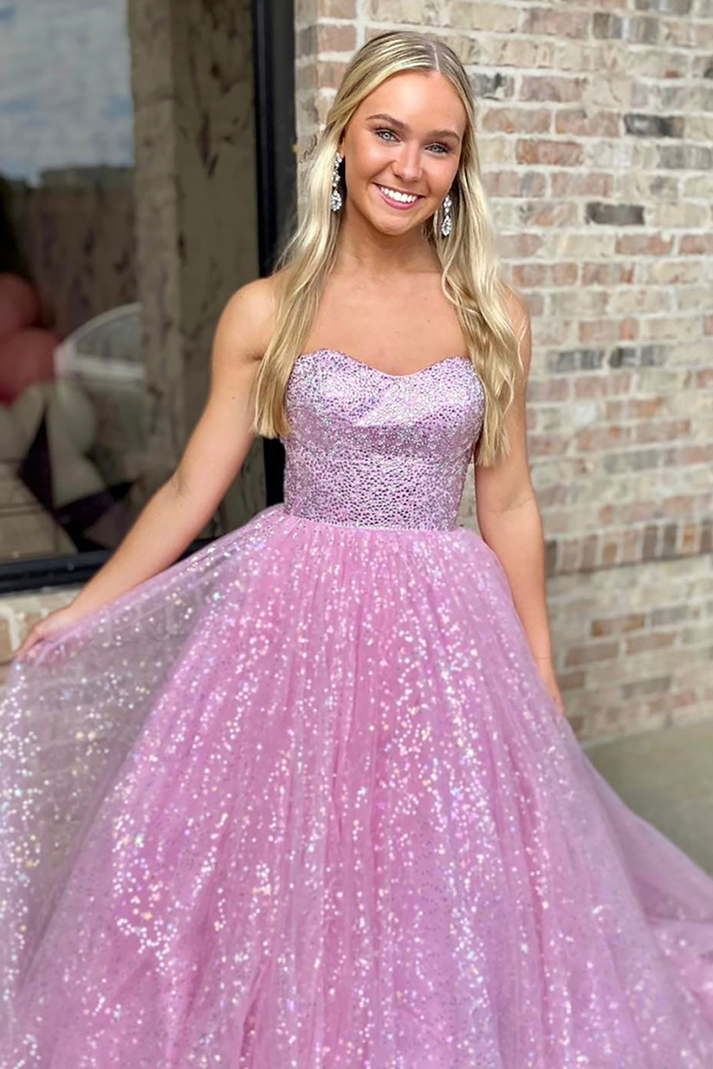 Sparkly Pink Tulle Sweetheart Princess Sequins Long Prom Dress
