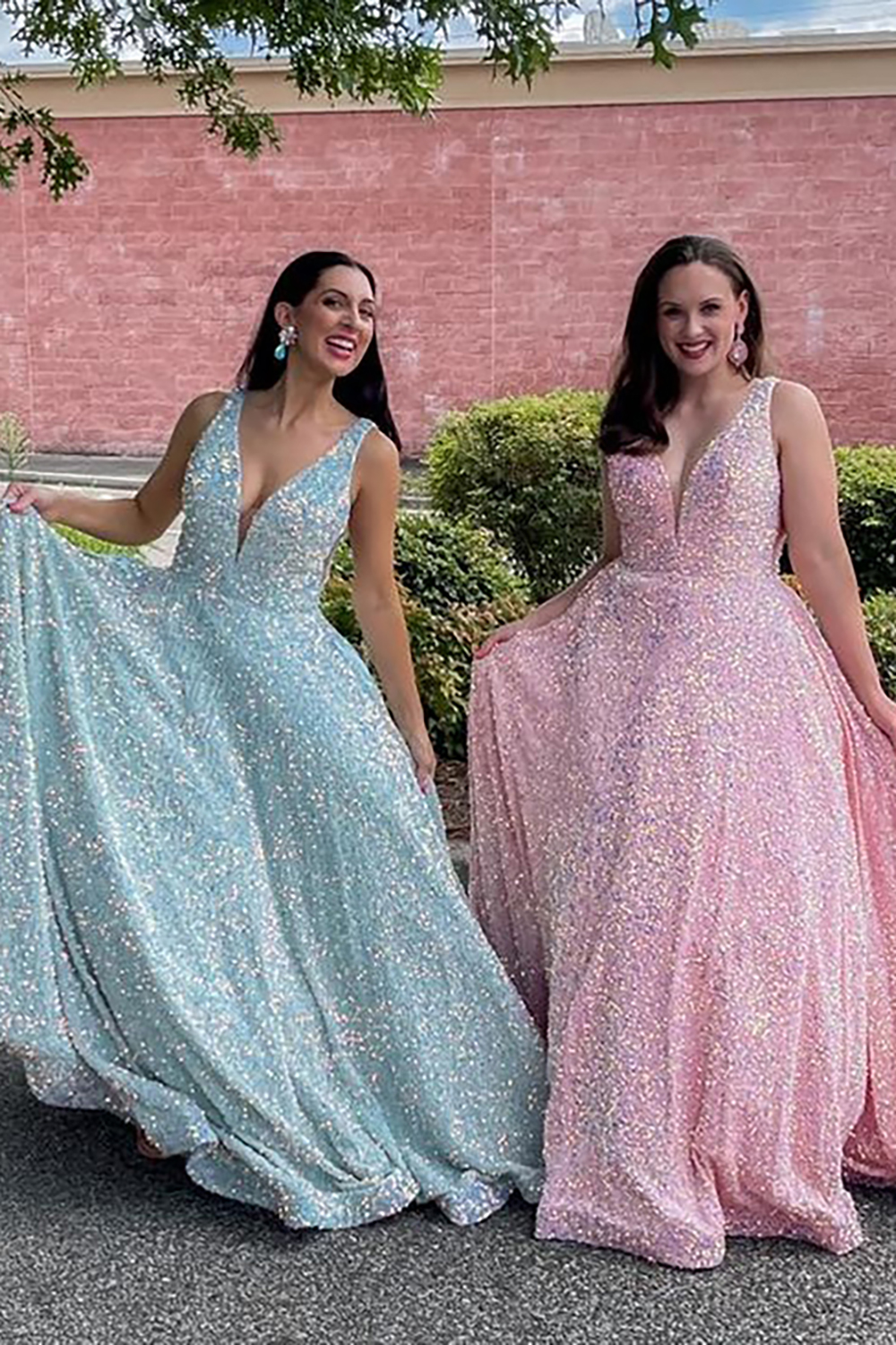 Sparkly Pink Sequins Princess V Neck Long Prom Dress