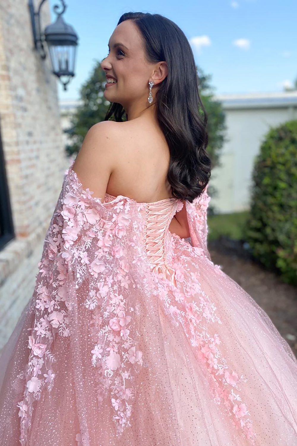 Sparkly Pink Tulle Off The Shoulder Princess Floral Long Corset Prom Dress