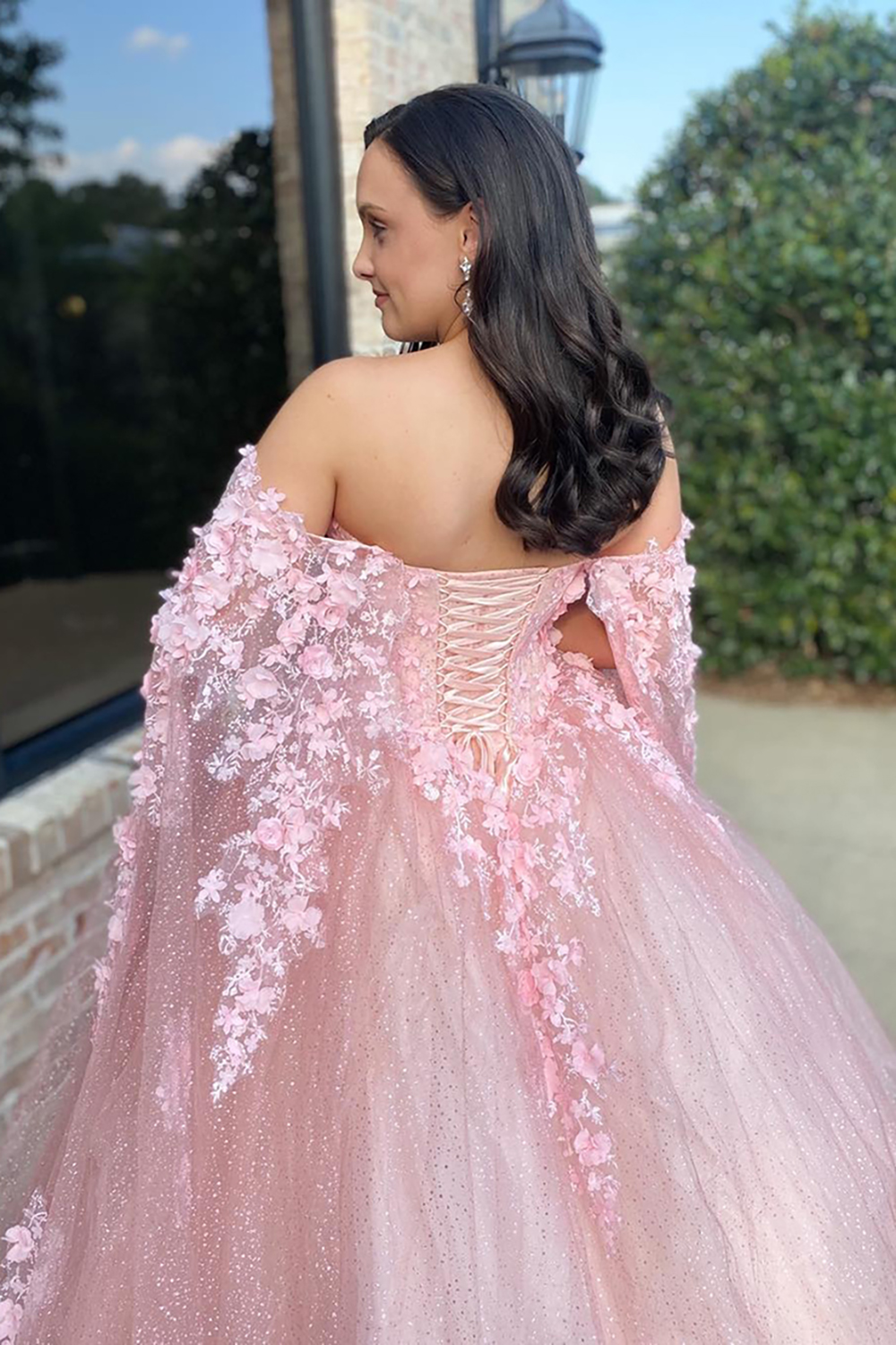 Sparkly Pink Tulle Off The Shoulder Princess Floral Long Corset Prom Dress