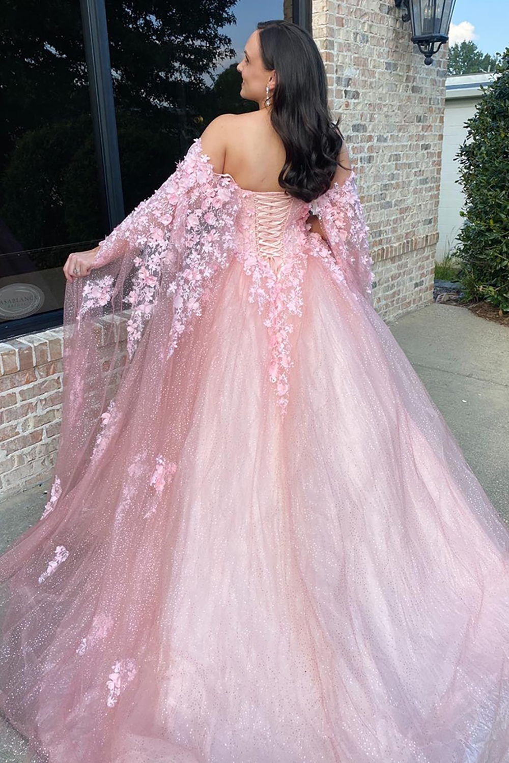 Sparkly Pink Tulle Off The Shoulder Princess Floral Long Corset Prom Dress