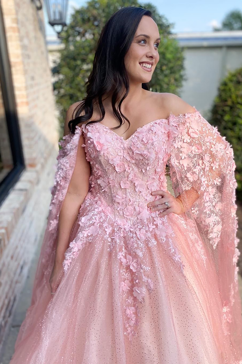 Sparkly Pink Tulle Off The Shoulder Princess Floral Long Corset Prom Dress