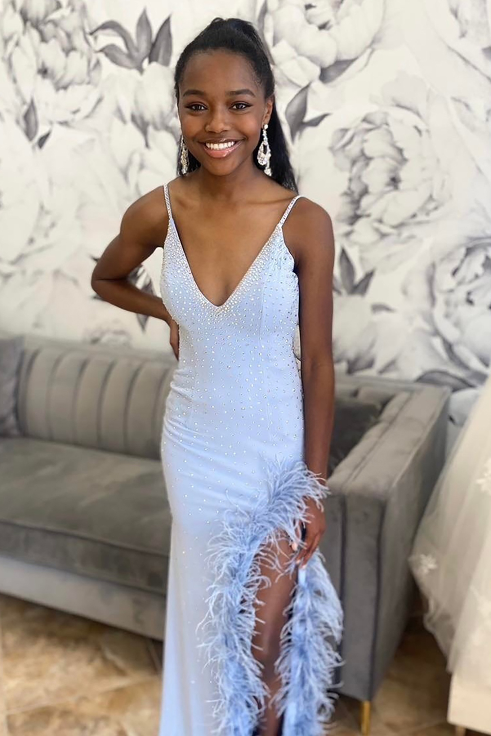 Light Blue Beaded Spaghetti Straps Mermaid Feather Long Prom Dress with Slit