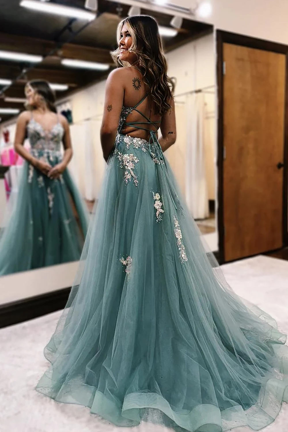 Sparkly Sage Tulle Spaghetti Straps A Line Long Prom Dress with Applique