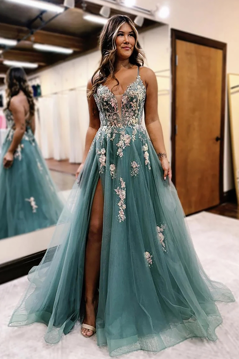 Sparkly Sage Tulle Spaghetti Straps Long Prom Dress A Line Pageant Dress with Applique