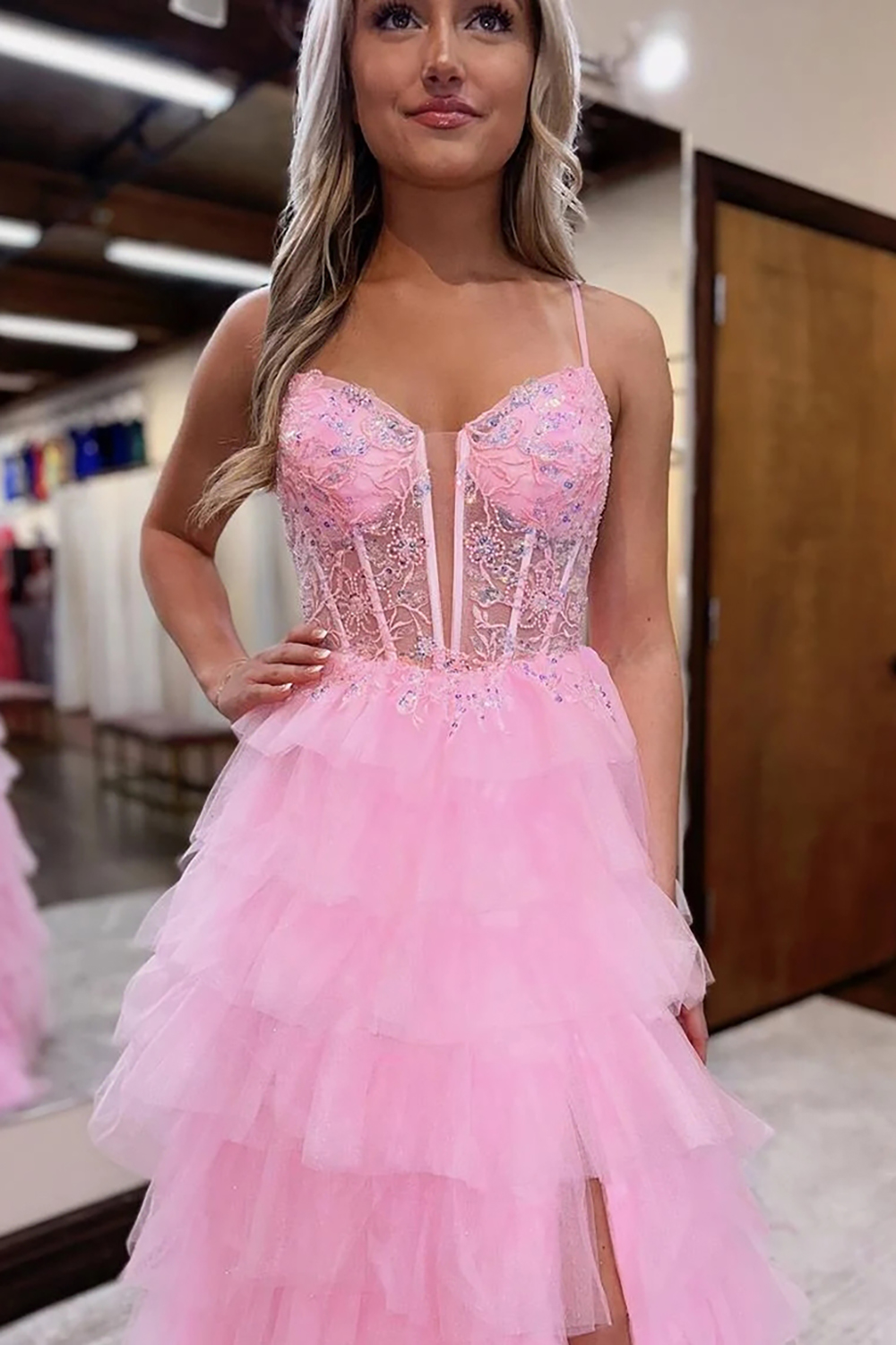 Pink Spaghetti Straps Tulle Tiered Princess A Line Long Corset Prom Dress with Applique