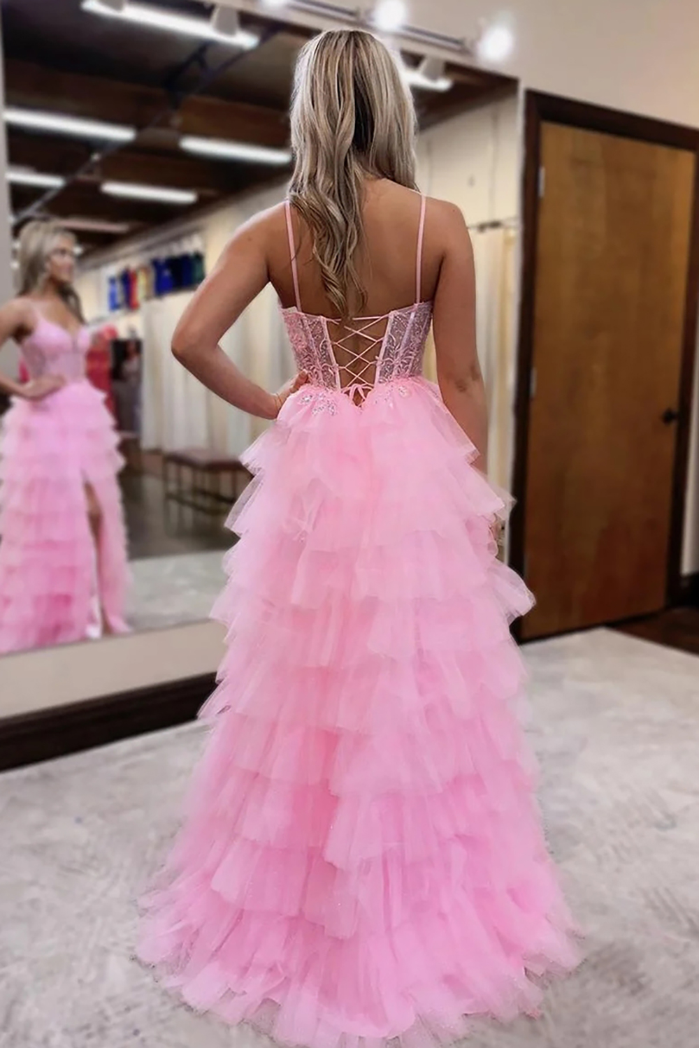 Pink Spaghetti Straps Tulle Tiered Princess A Line Long Corset Prom Dress with Applique