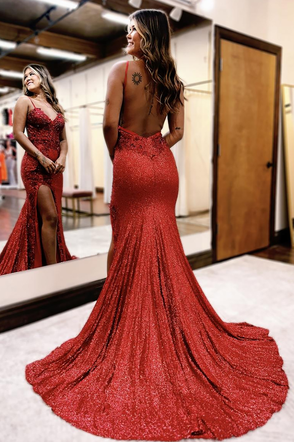 Dark Red Spaghetti Straps Sequin Mermaid Long Prom Dress with Applique