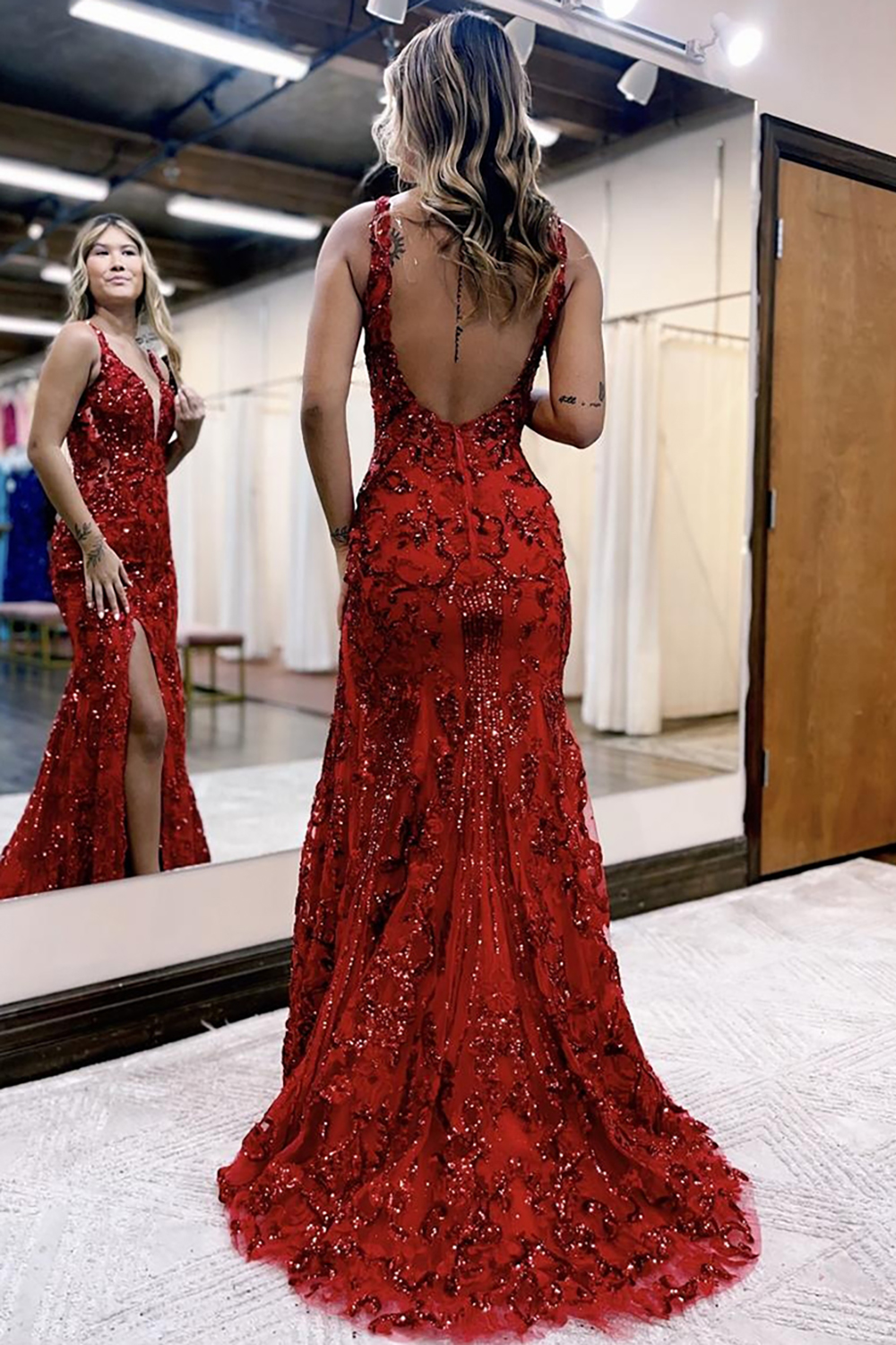Sparkly Dark Red Mermaid Sequin V Neck Long Prom Dress with Slit