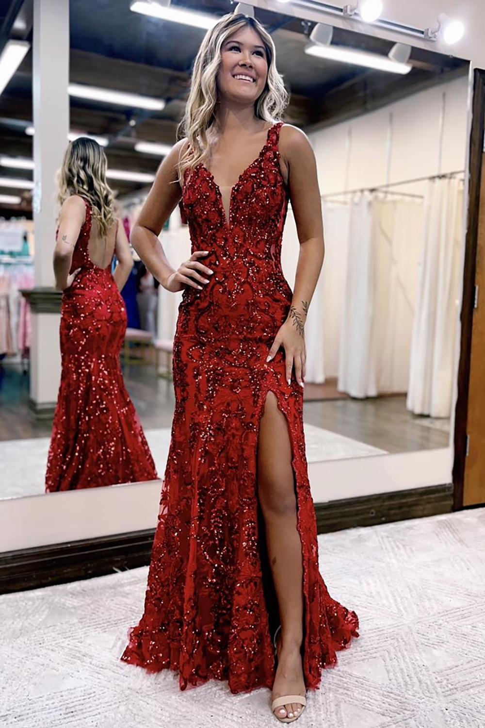 Sparkly Dark Red Mermaid Sequin V Neck Long Prom Dress with Slit
