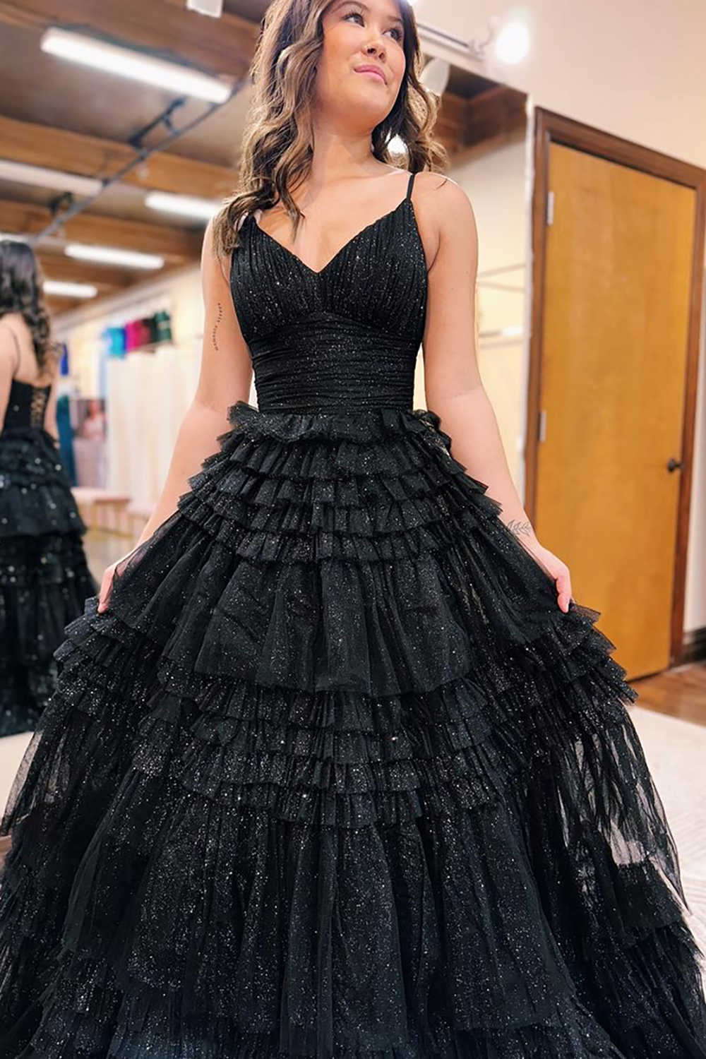 Sparkly Black Spaghetti Straps Princess Tulle Tiered A Line Long Prom Dress