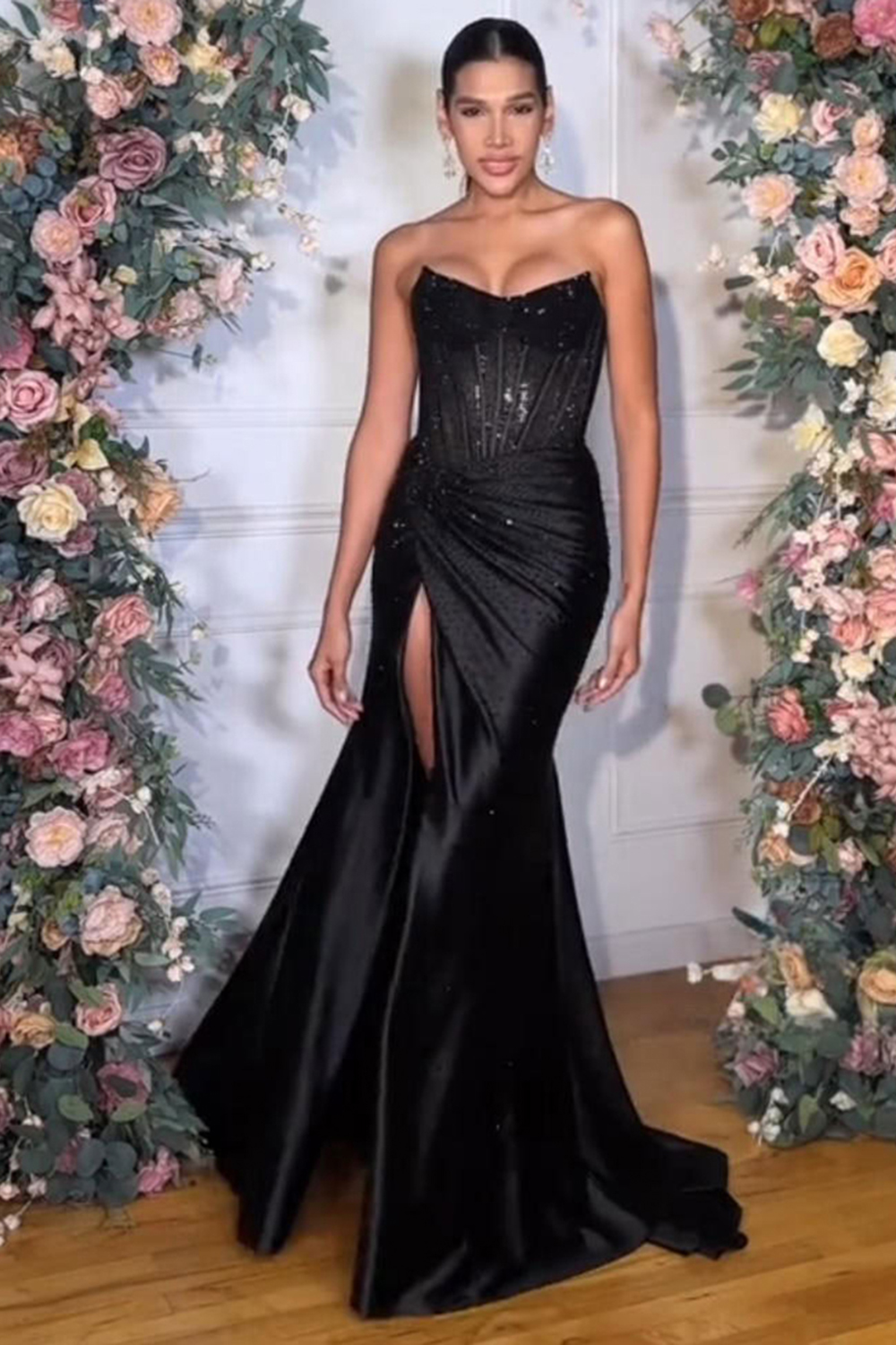 Sparkly Golden Strapless Corset Long Beaded Prom Dress with Slit