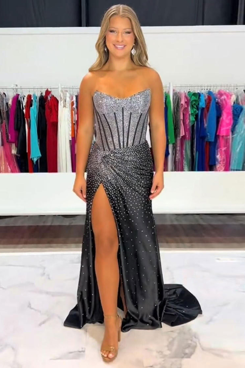 Sparkly Golden Strapless Corset Long Beaded Prom Dress with Slit