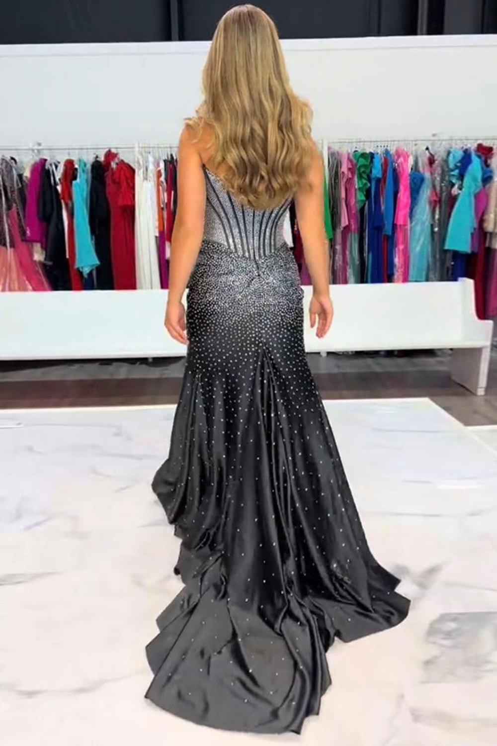 Sparkly Golden Strapless Corset Long Beaded Prom Dress with Slit