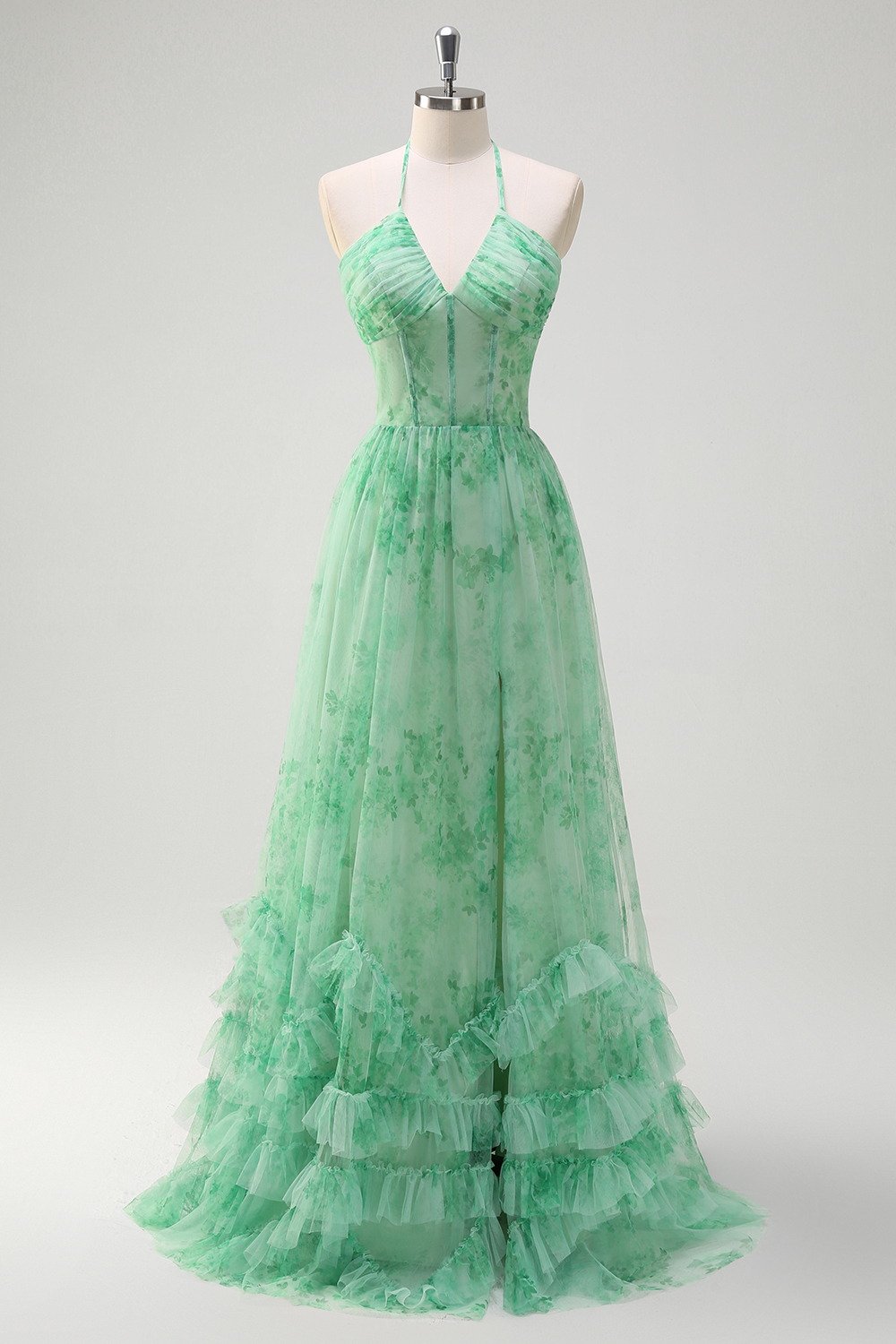 Green Halter Neck Floral Printed A-Line Tiered Long Prom Dress with Slit