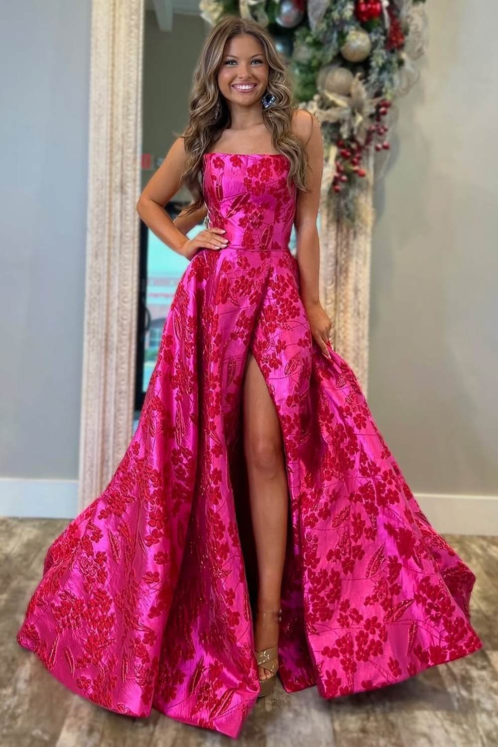 Stylish Fuchsia Floral Jacquard Strapless Princess Long Prom Dress