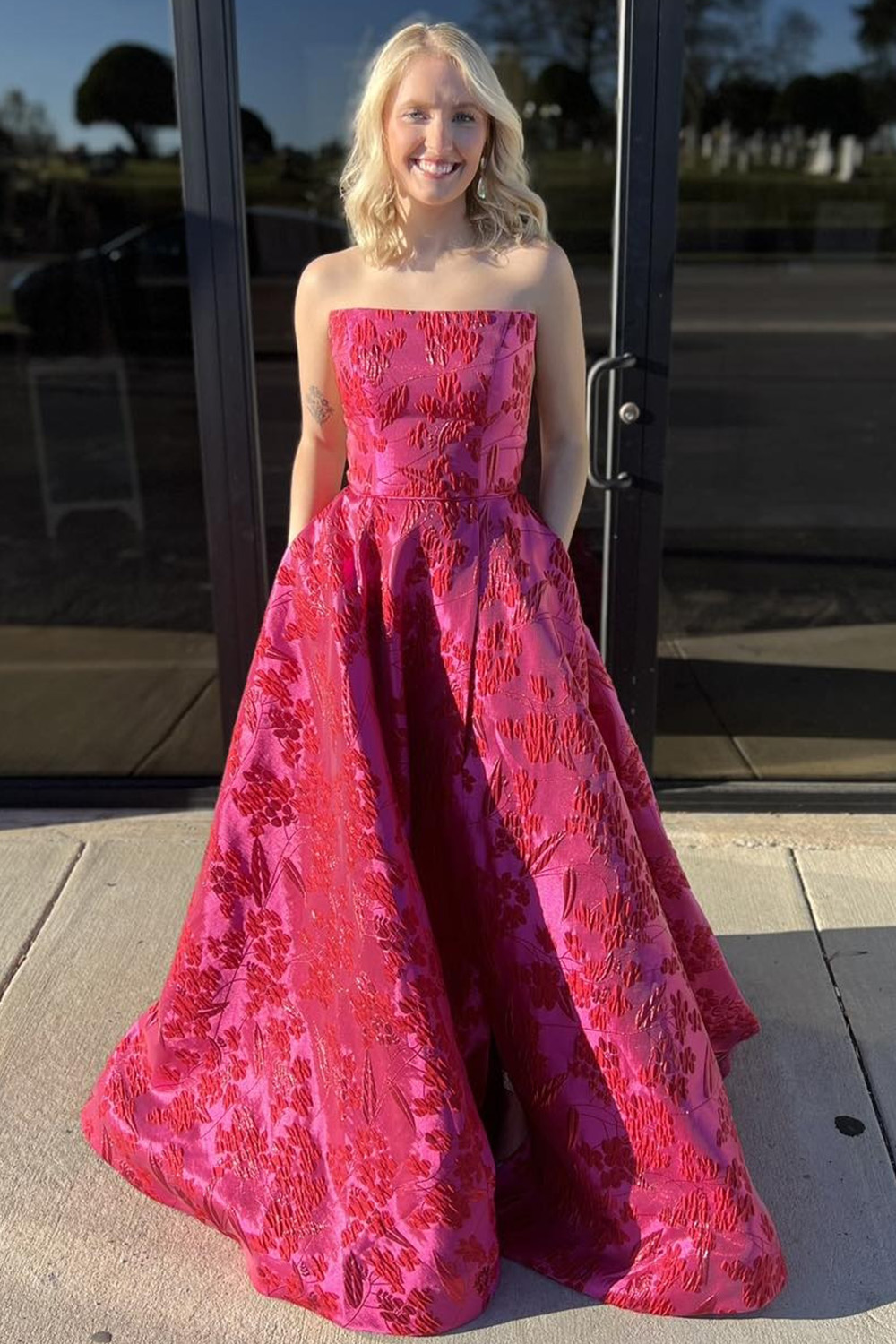Fuchsia Floral Jacquard Strapless A-Line Long Prom Dress
