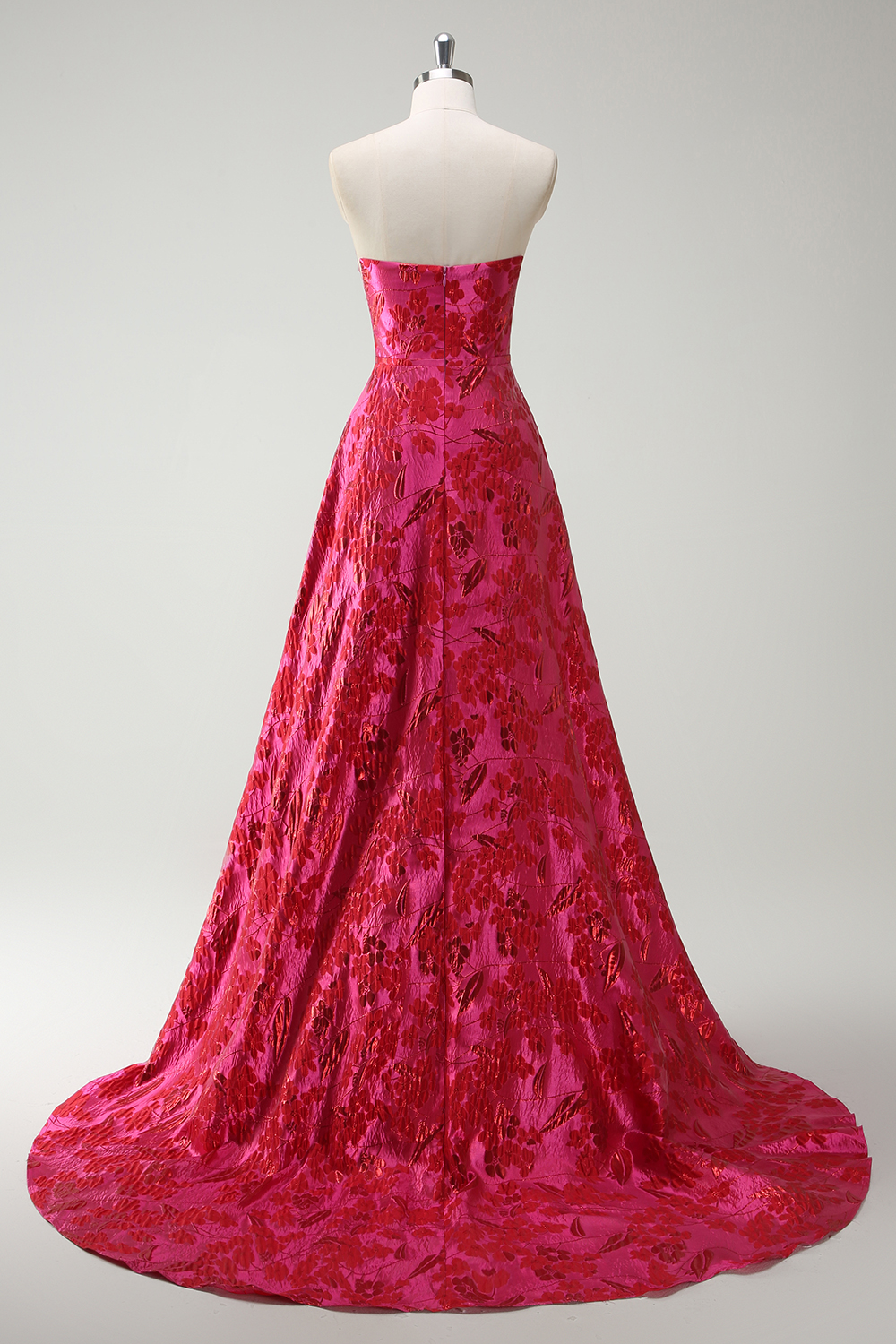 Fuchsia Floral Jacquard Strapless A-Line Long Prom Dress