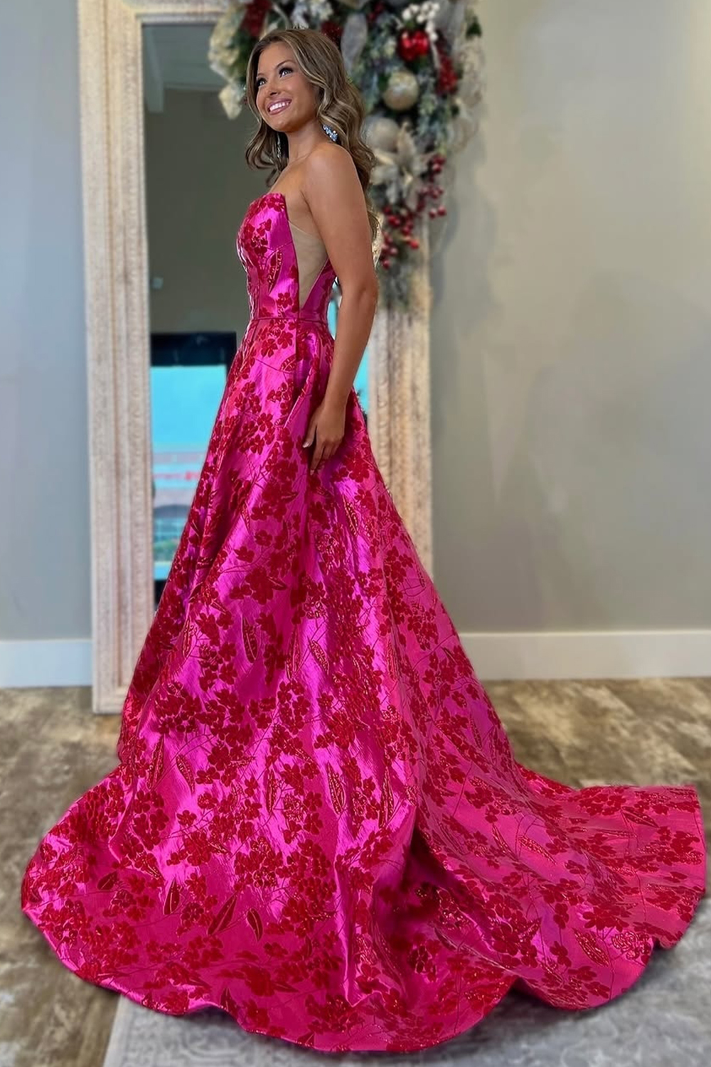 Stylish Fuchsia Floral Jacquard Strapless Princess Long Prom Dress