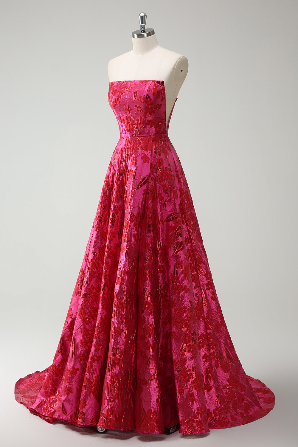 Fuchsia Floral Jacquard Strapless A-Line Long Prom Dress