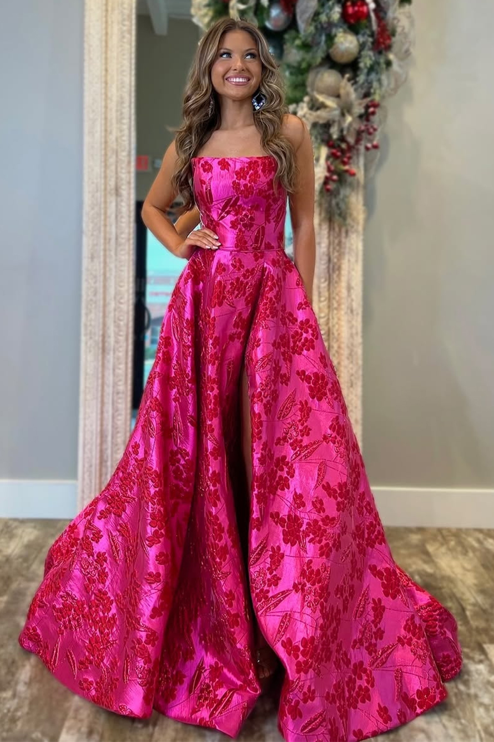 Stylish Fuchsia Floral Jacquard Strapless Princess Long Prom Dress