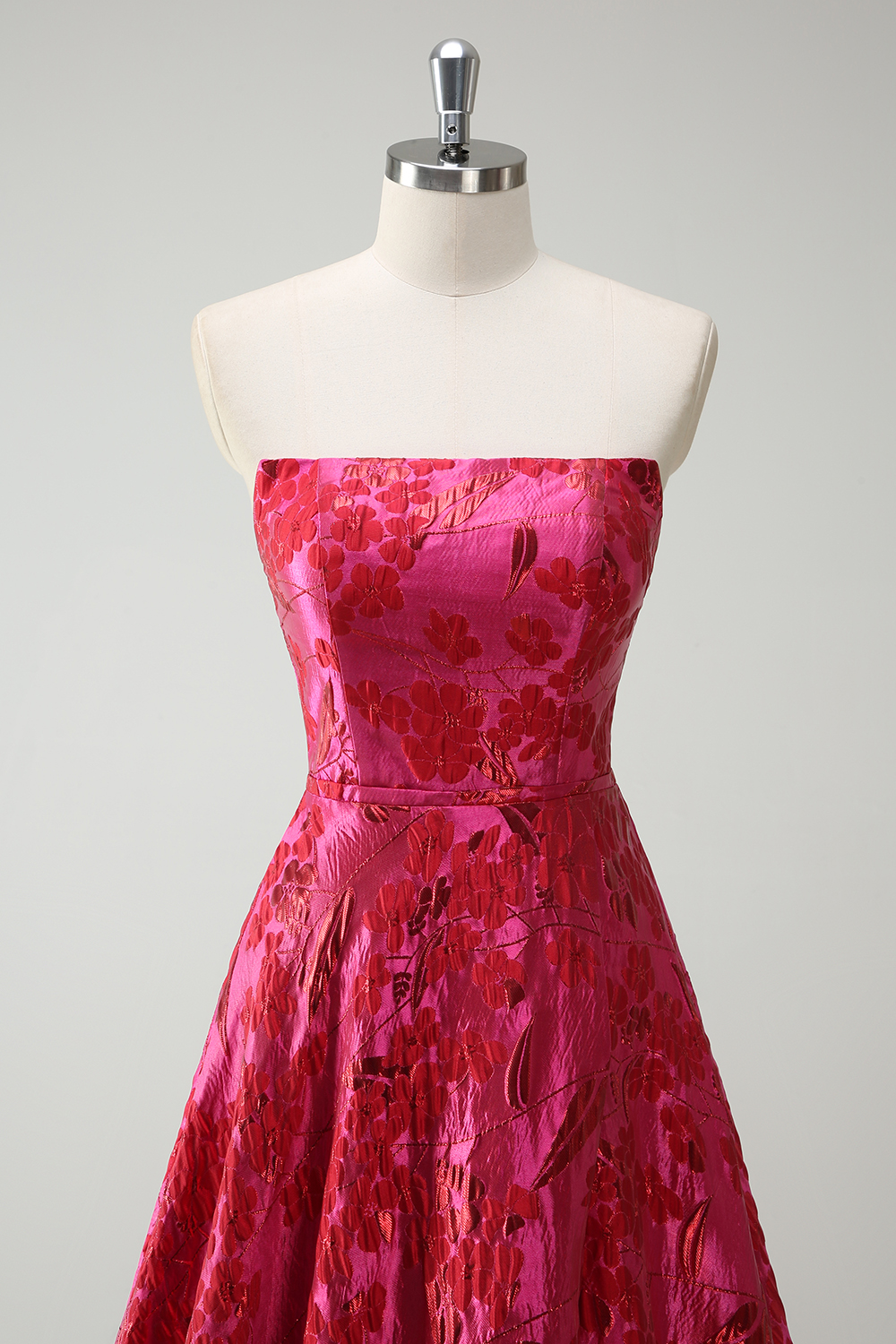 Fuchsia Floral Jacquard Strapless A-Line Long Prom Dress