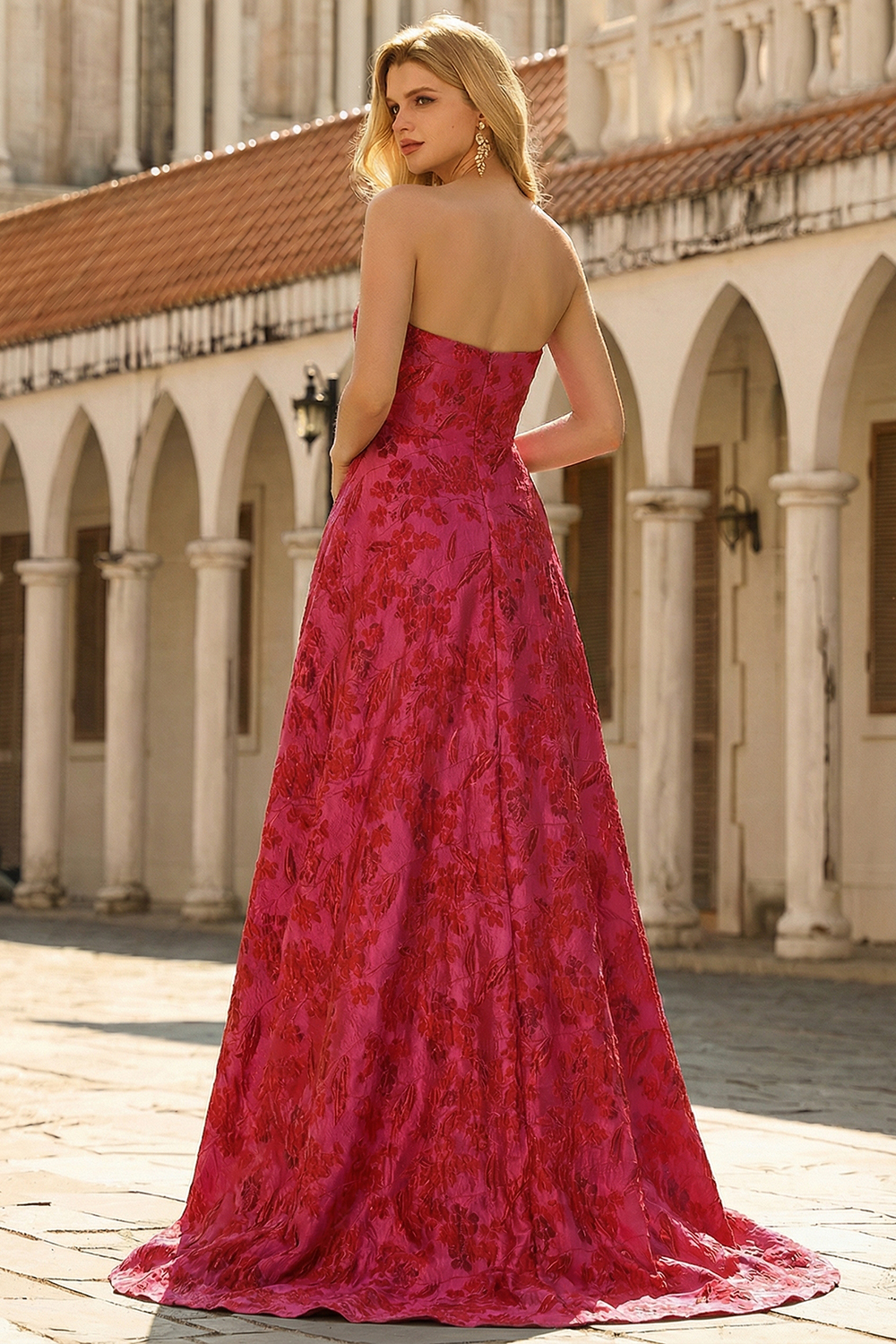 Fuchsia Floral Jacquard Strapless Princess Long Prom Dress