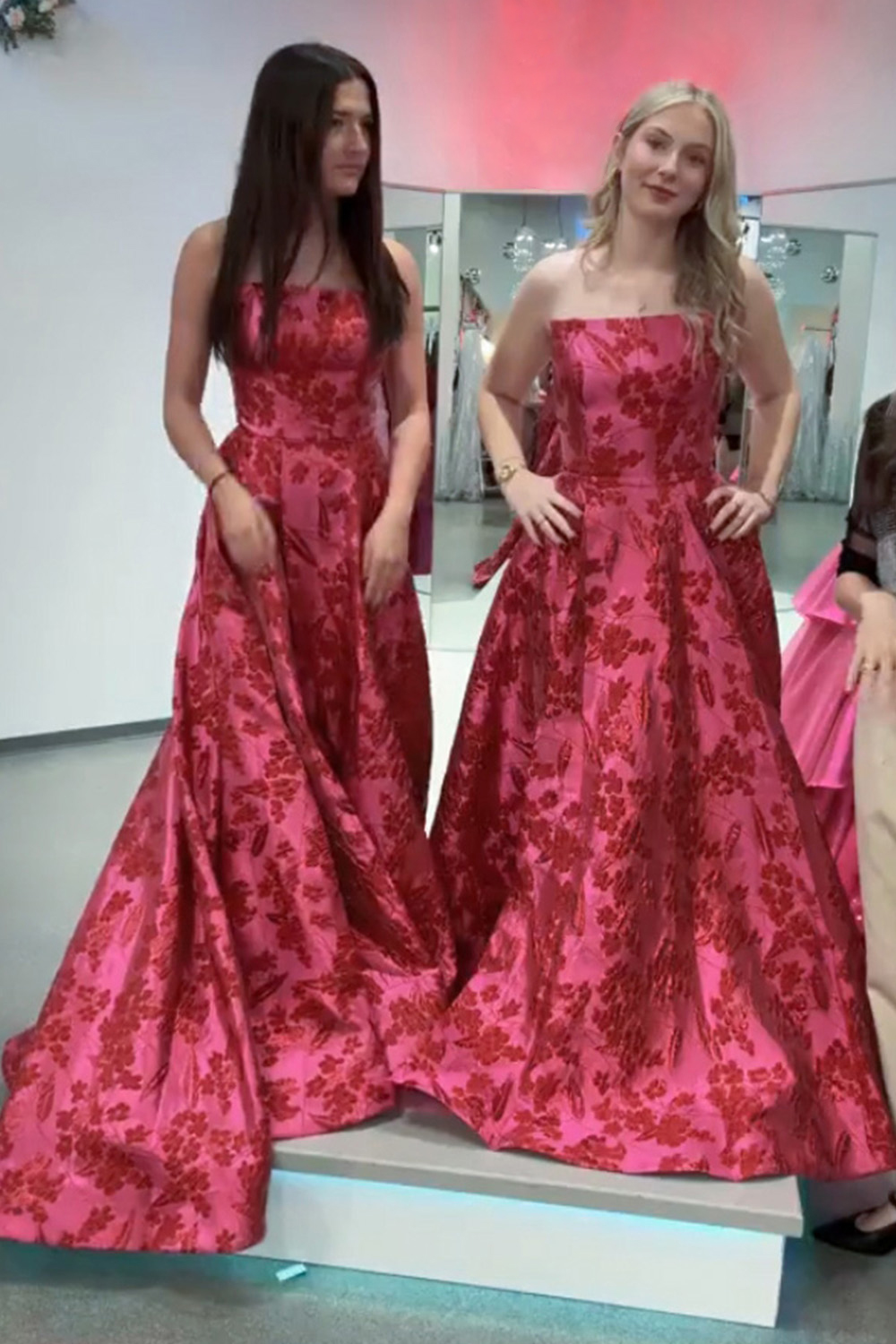 Fuchsia Floral Jacquard Strapless A-Line Long Prom Dress