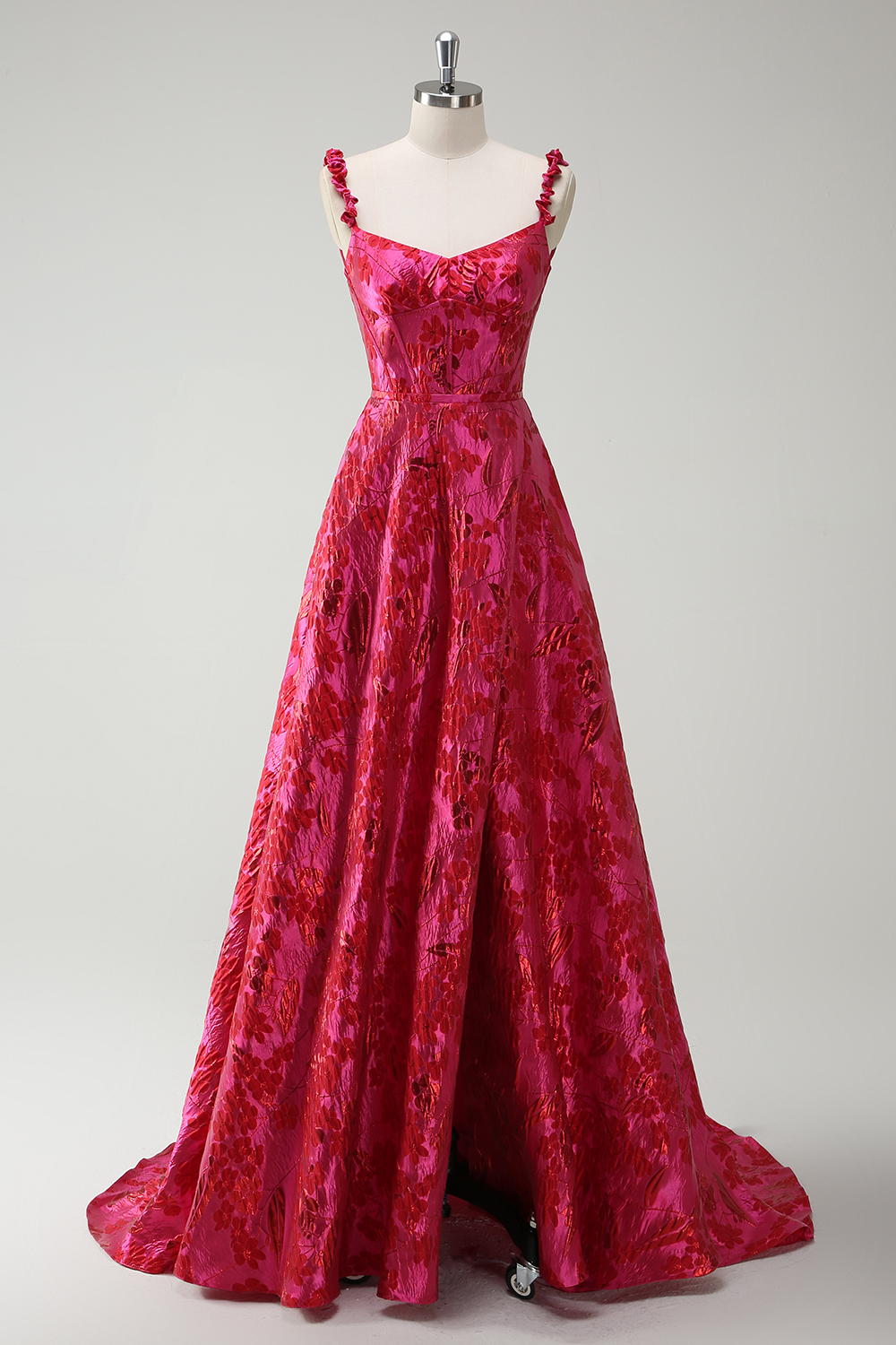 Fuchsia Floral Jacquard Spaghetti Straps Princess Long Corset Prom Dress with Slit