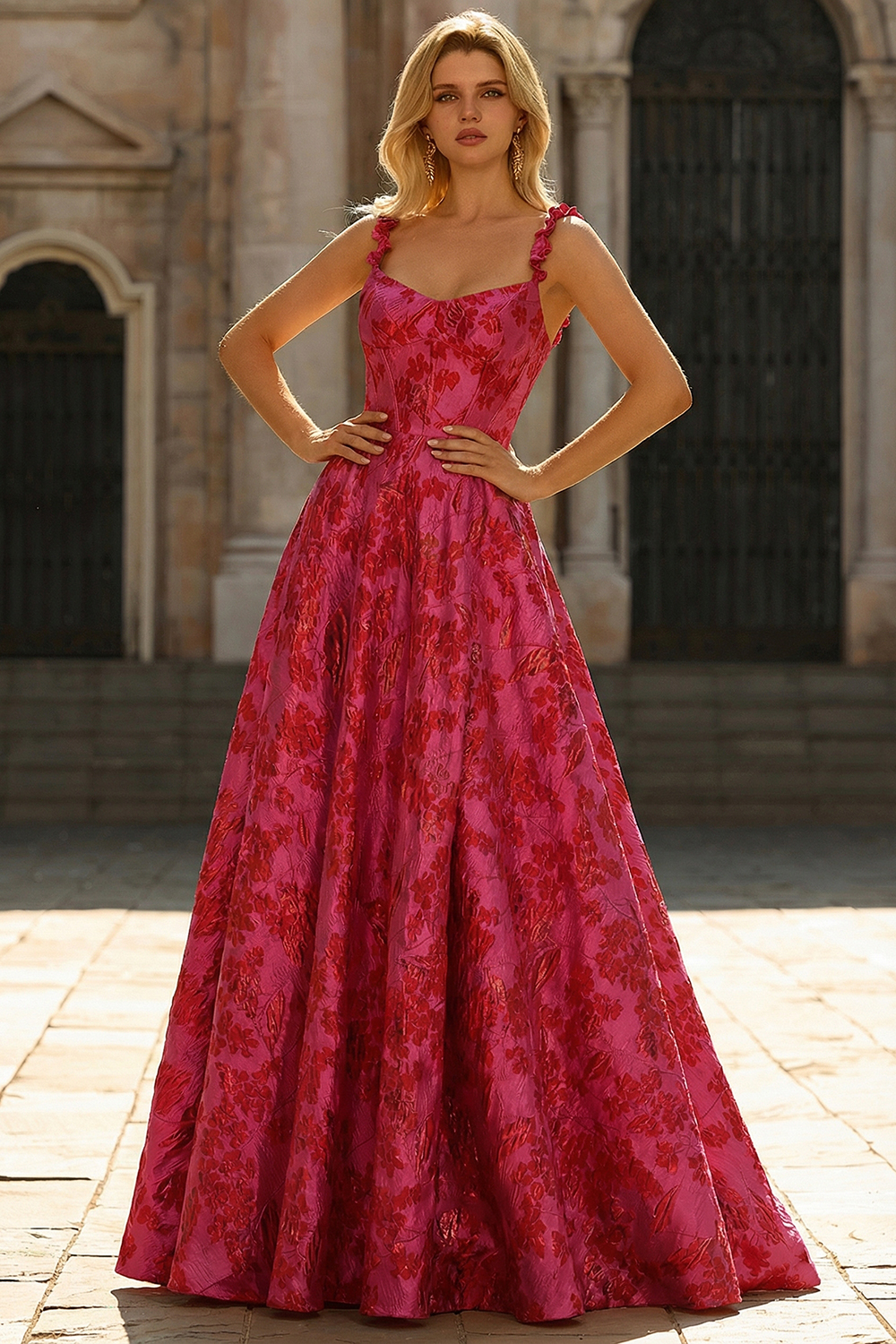 Fuchsia Floral Jacquard Spaghetti Straps Princess Long Corset Prom Dress with Slit