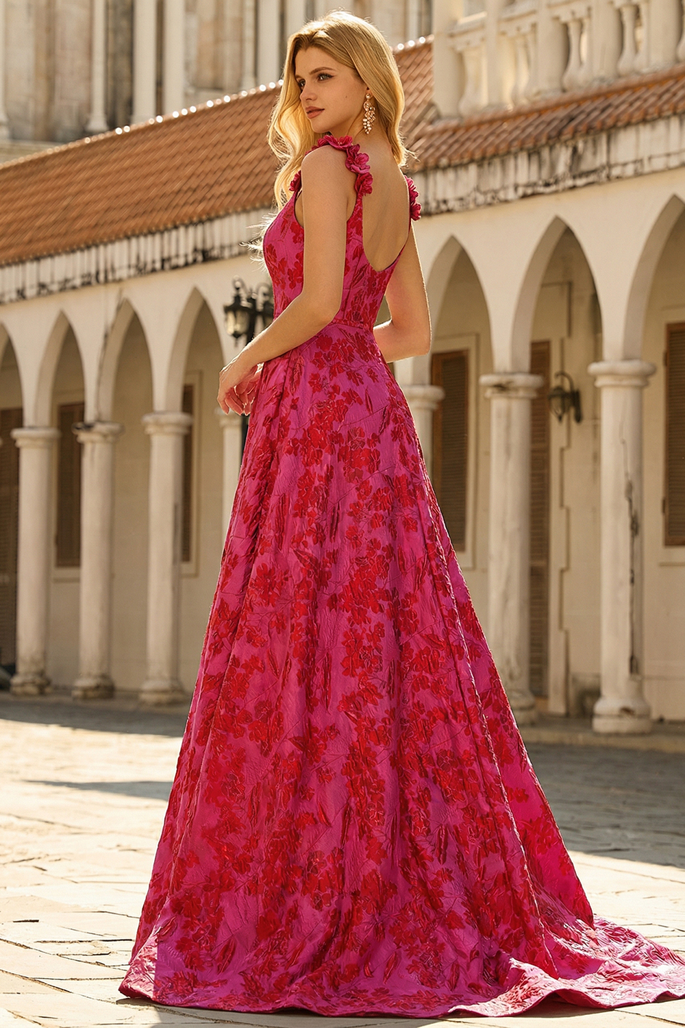 Fuchsia Floral Jacquard Spaghetti Straps Princess Long Corset Prom Dress with Slit