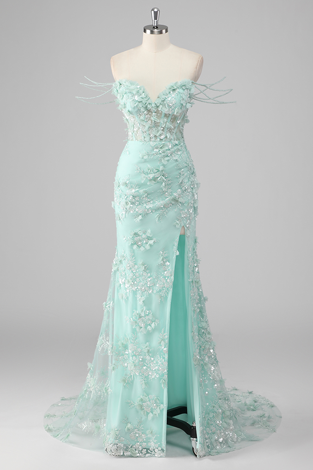 Green Off The Shoulder Mermaid Sequin Applique Long Corset Prom Dress with Train