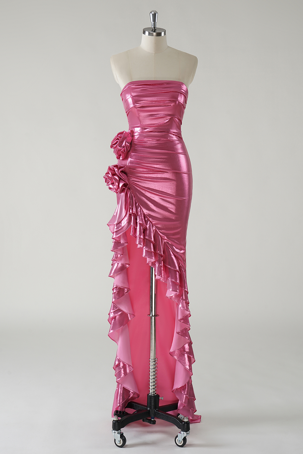 Mermid Fuchsia Strapless Metallic Ruched Long Prom Dress with Ruffles