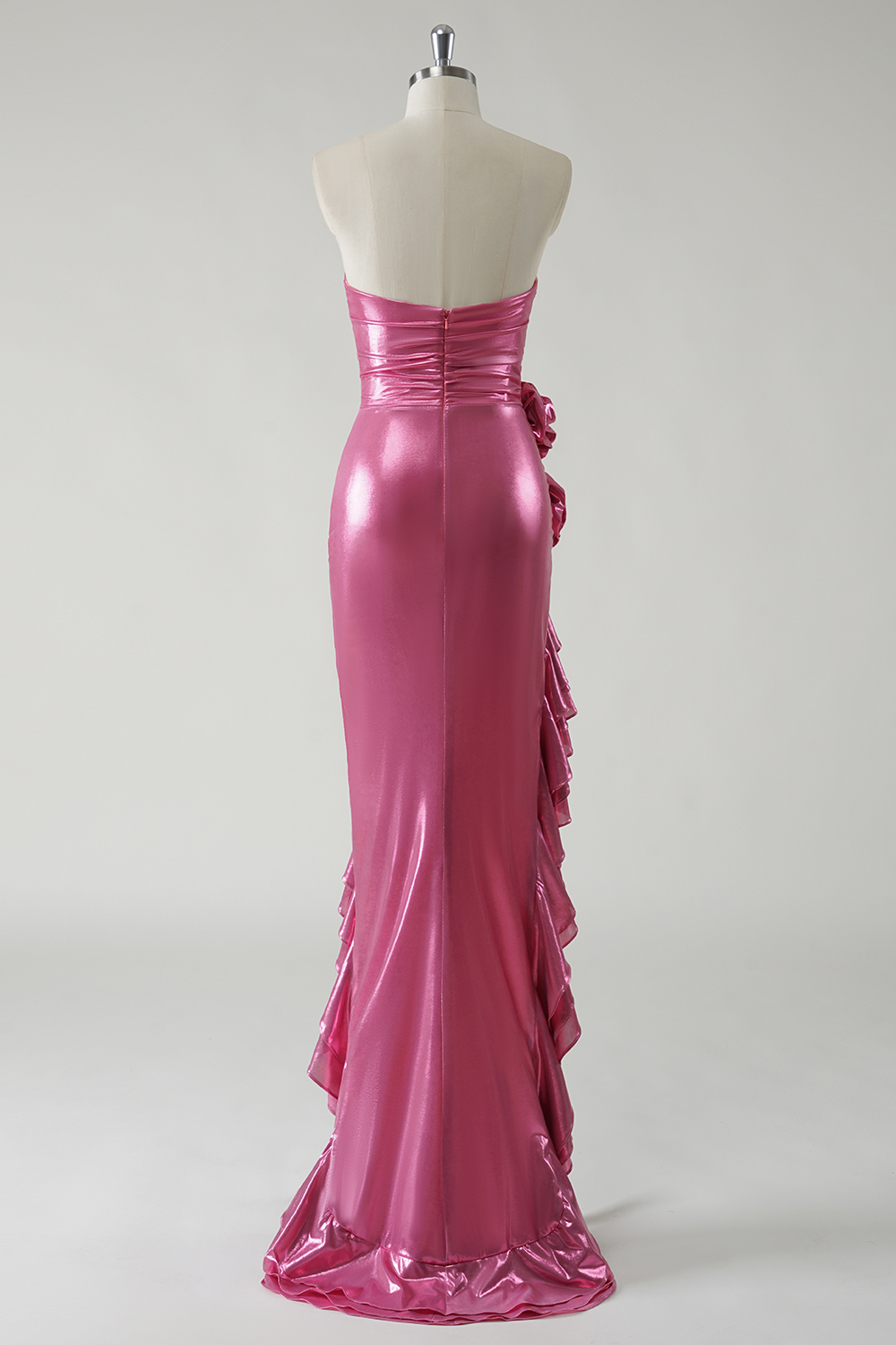 Mermid Fuchsia Strapless Metallic Ruched Long Prom Dress with Ruffles