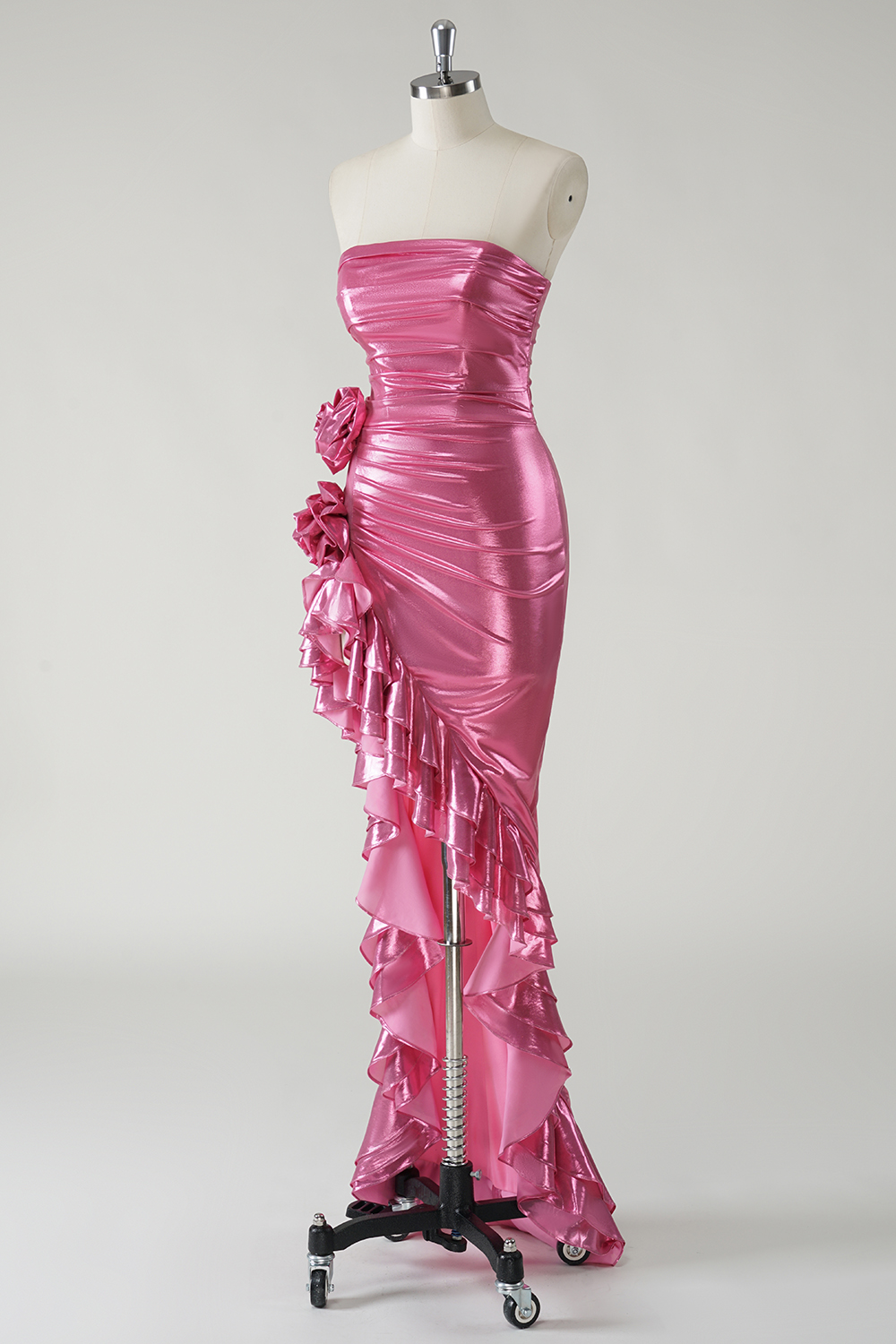 Mermid Fuchsia Strapless Metallic Ruched Long Prom Dress with Ruffles