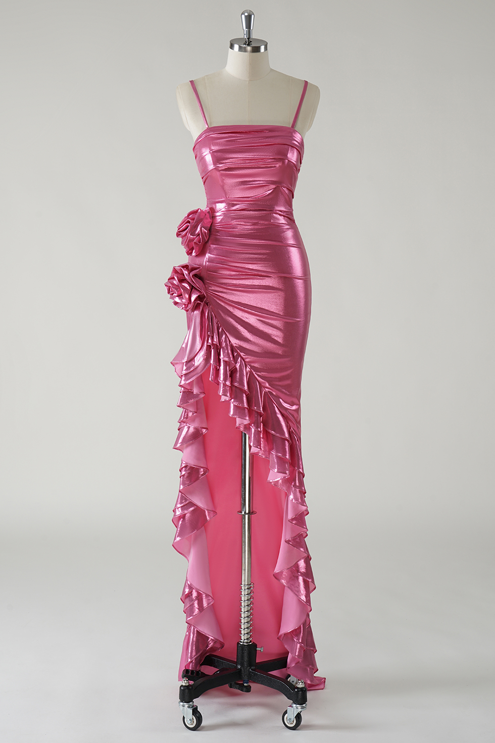 Mermid Fuchsia Strapless Metallic Ruched Long Prom Dress with Ruffles