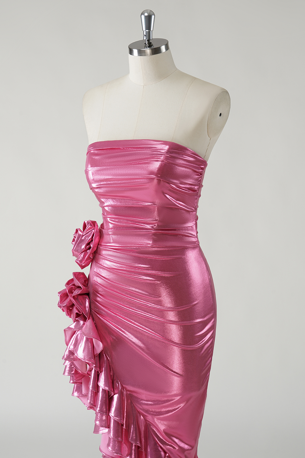 Mermid Fuchsia Strapless Metallic Ruched Long Prom Dress with Ruffles