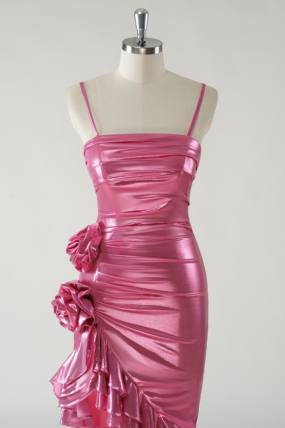 Mermid Fuchsia Strapless Metallic Ruched Long Prom Dress with Ruffles
