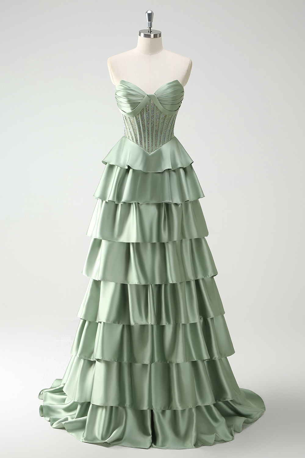 Green Sweetheart Princess Satin Tiered Long Corset Prom Dress with Beading