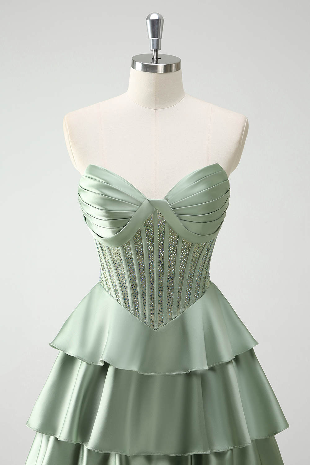 Green Sweetheart Princess Satin Tiered Long Corset Prom Dress with Beading