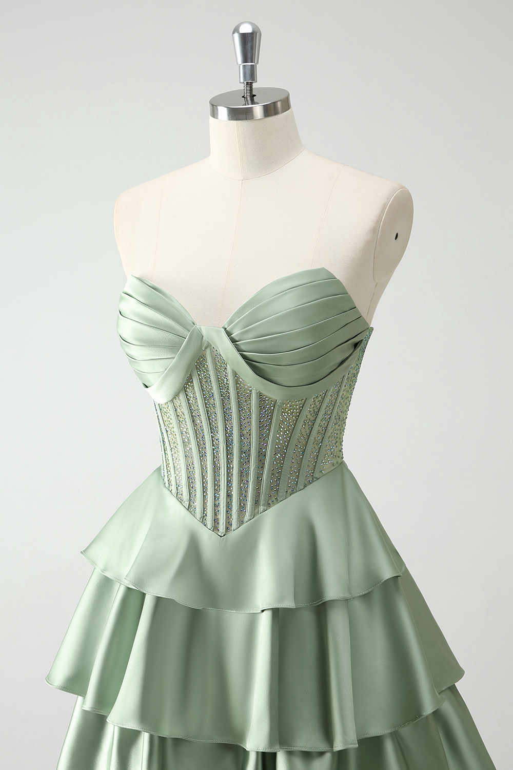 Green Sweetheart Princess Satin Tiered Long Corset Prom Dress with Beading