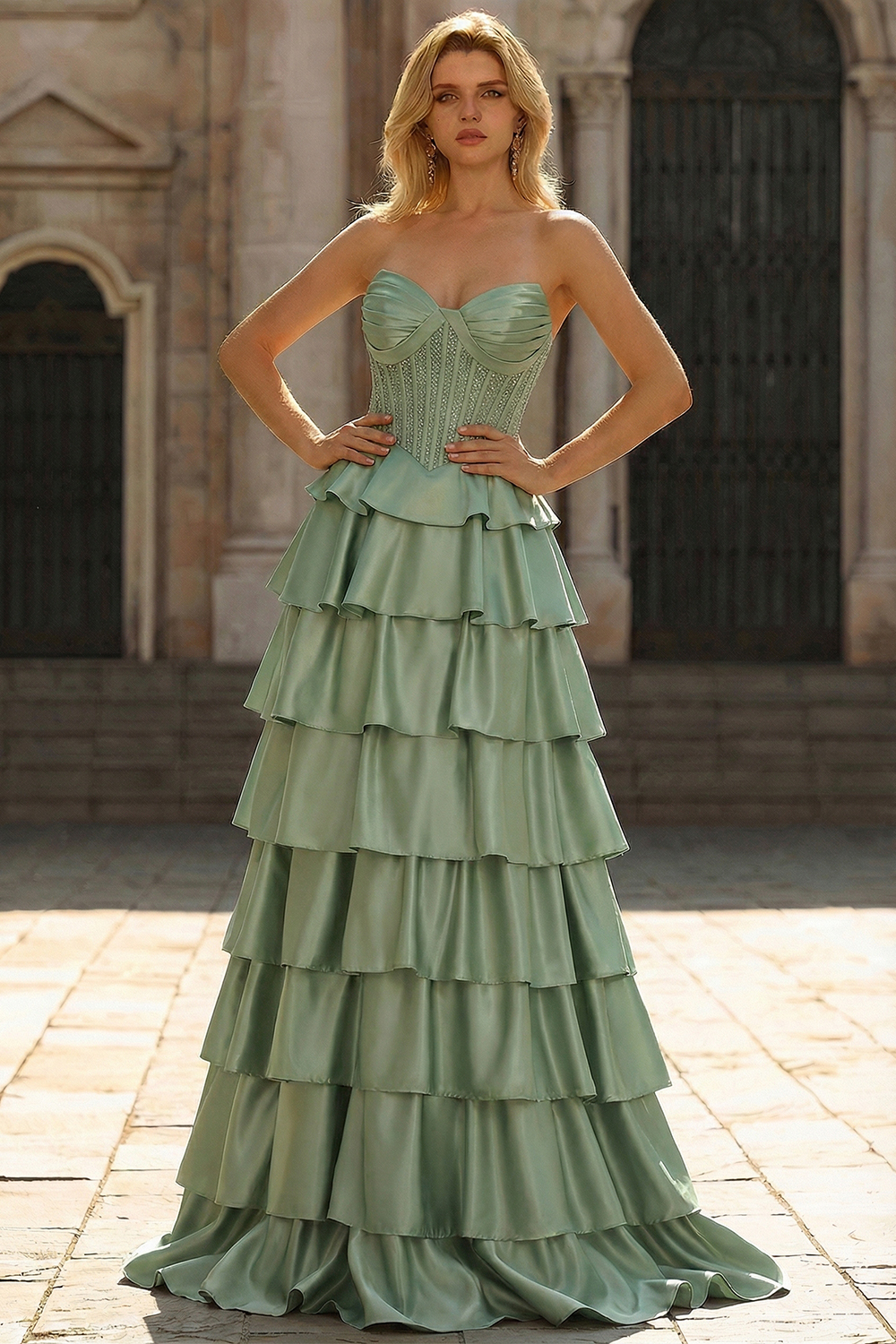 Green Sweetheart Princess Satin Tiered Long Corset Prom Dress with Beading