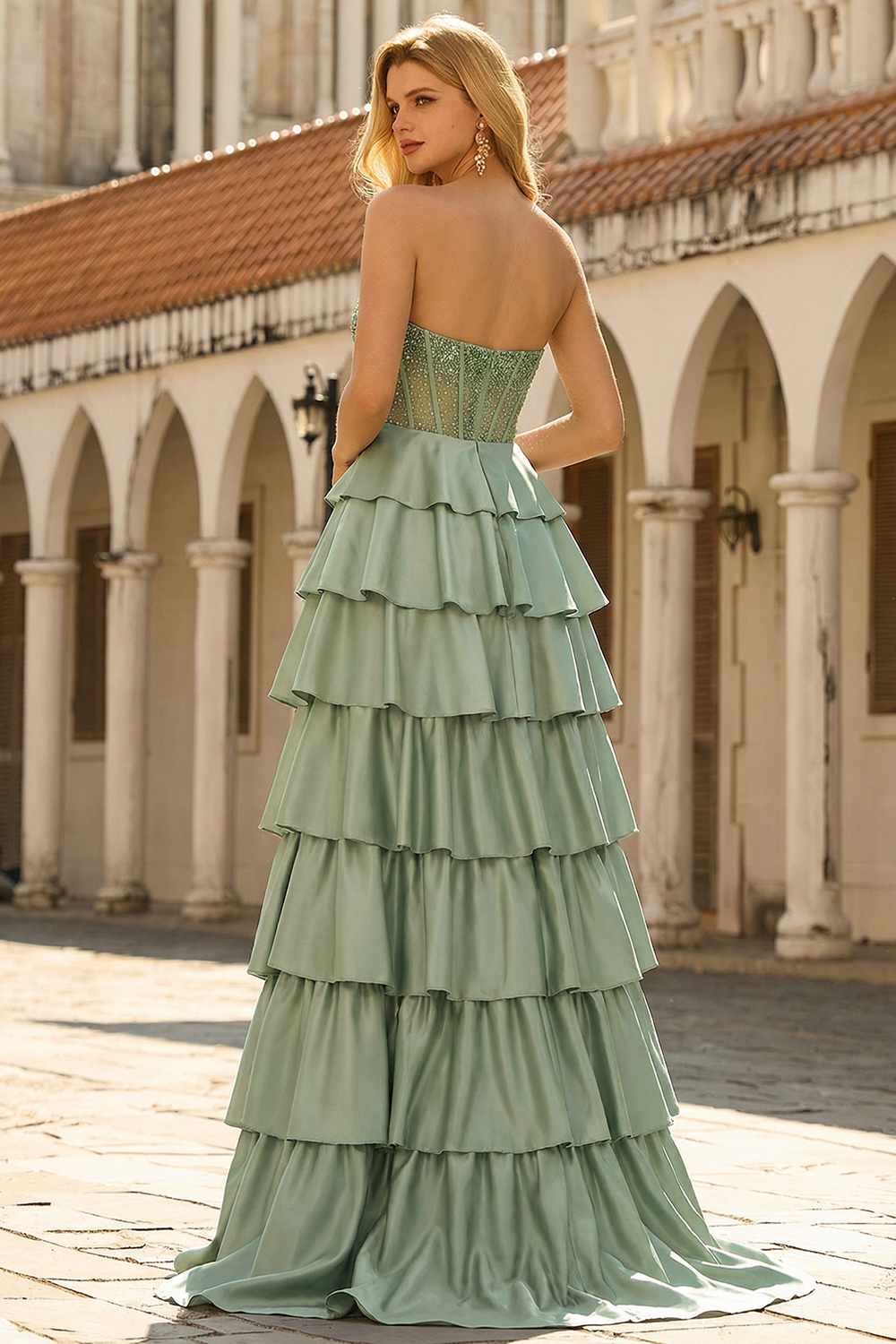 Green Sweetheart Princess Satin Tiered Long Corset Prom Dress with Beading