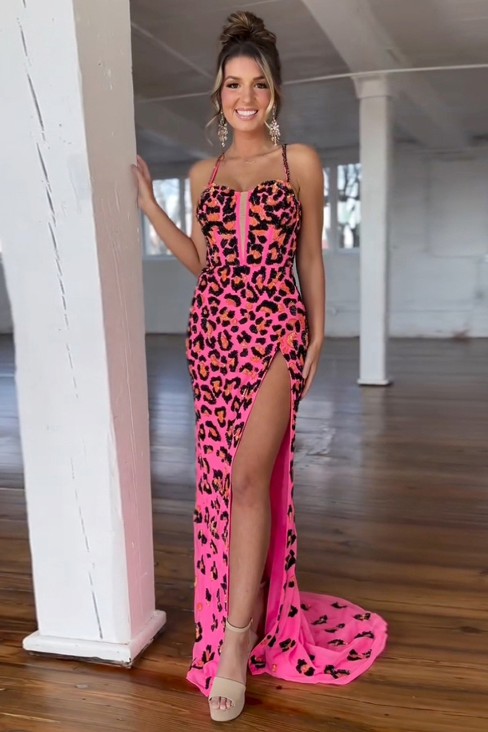 Hellymoon Women Sparkly Fuchsia Leopard Print Long Corset Prom Dress Mermaid Spaghetti Straps Pageant Dress with Slit