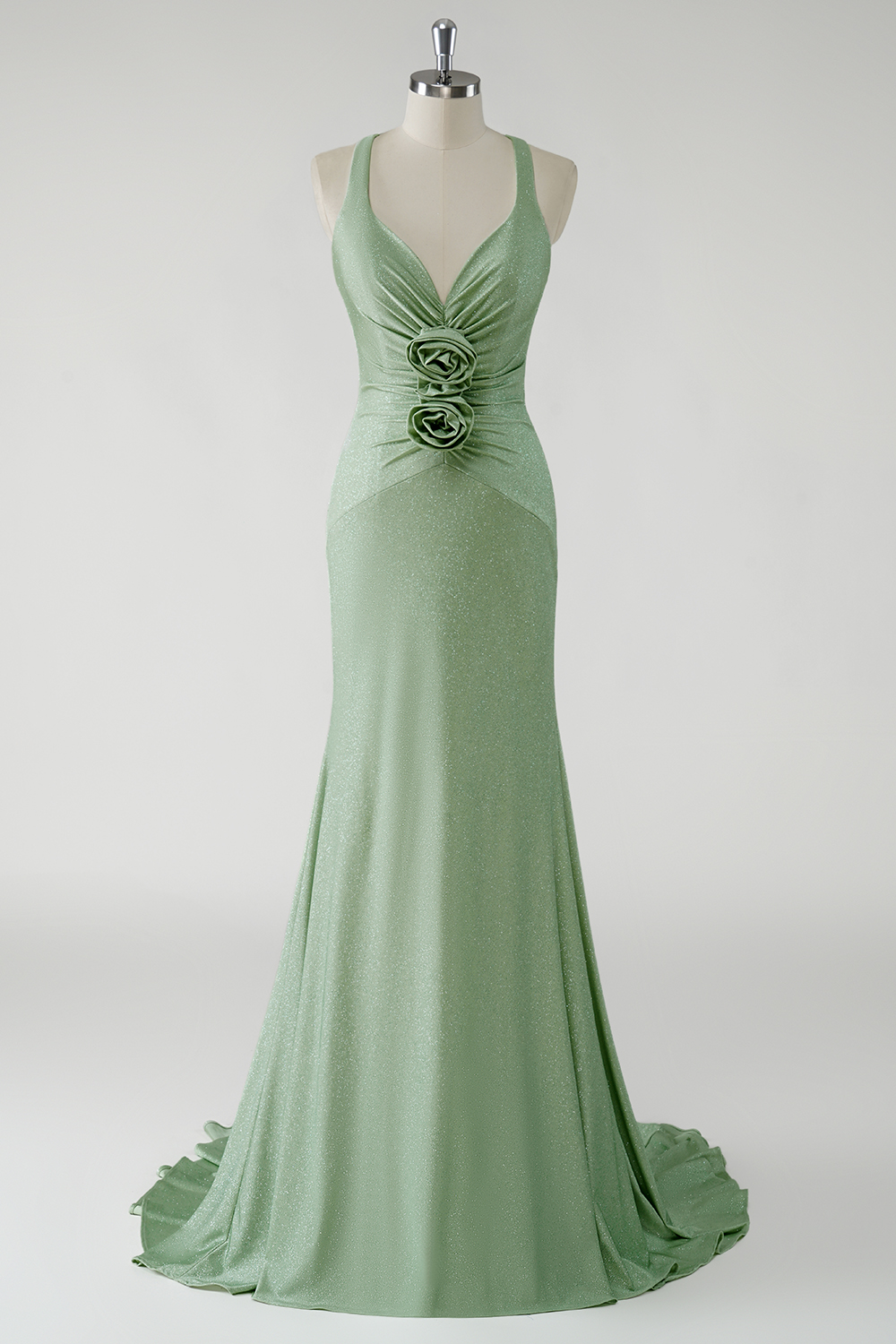 Sparkly Green Spaghetti Straps Meramid Long Prom Dress with 3D Flowers