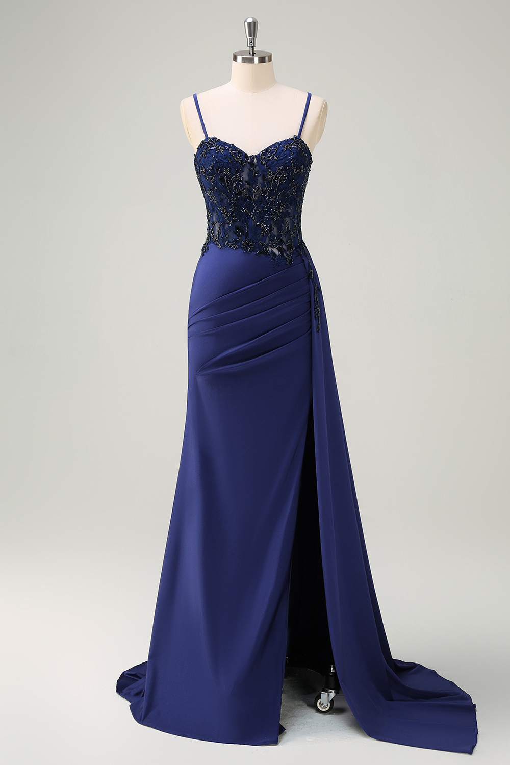 Glitter Navy Spaghetti Straps Satin Mermaid Long Corset Prom Dress with Appliques