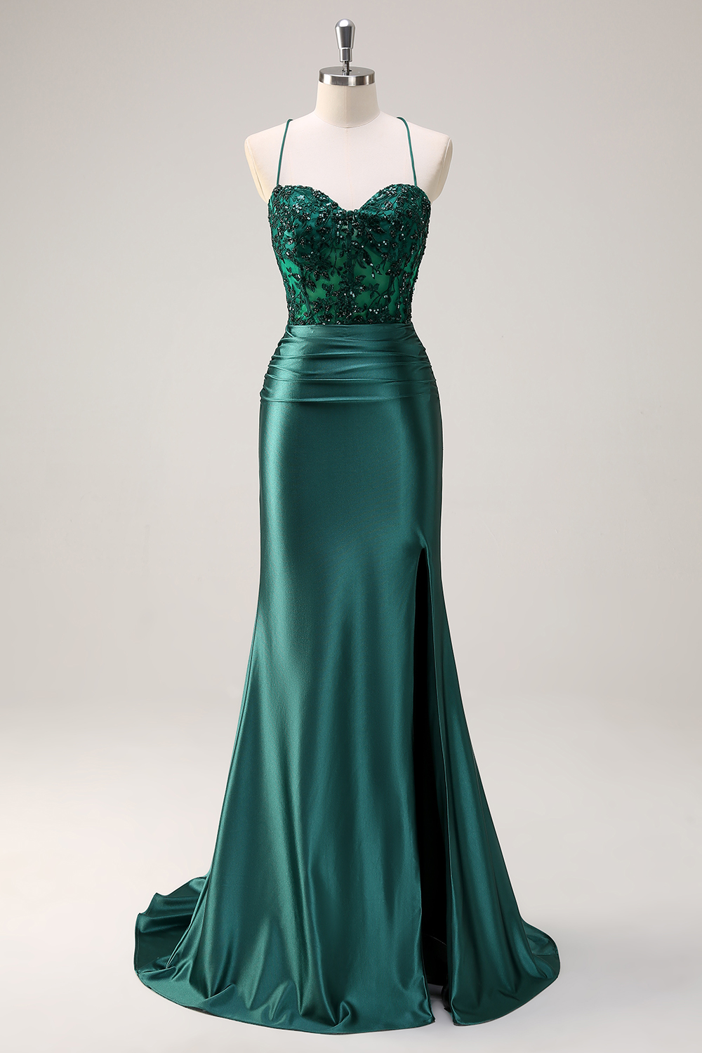 Dark Green Spaghetti Straps Satin Mermaid Long Corset Prom Dress with Slit