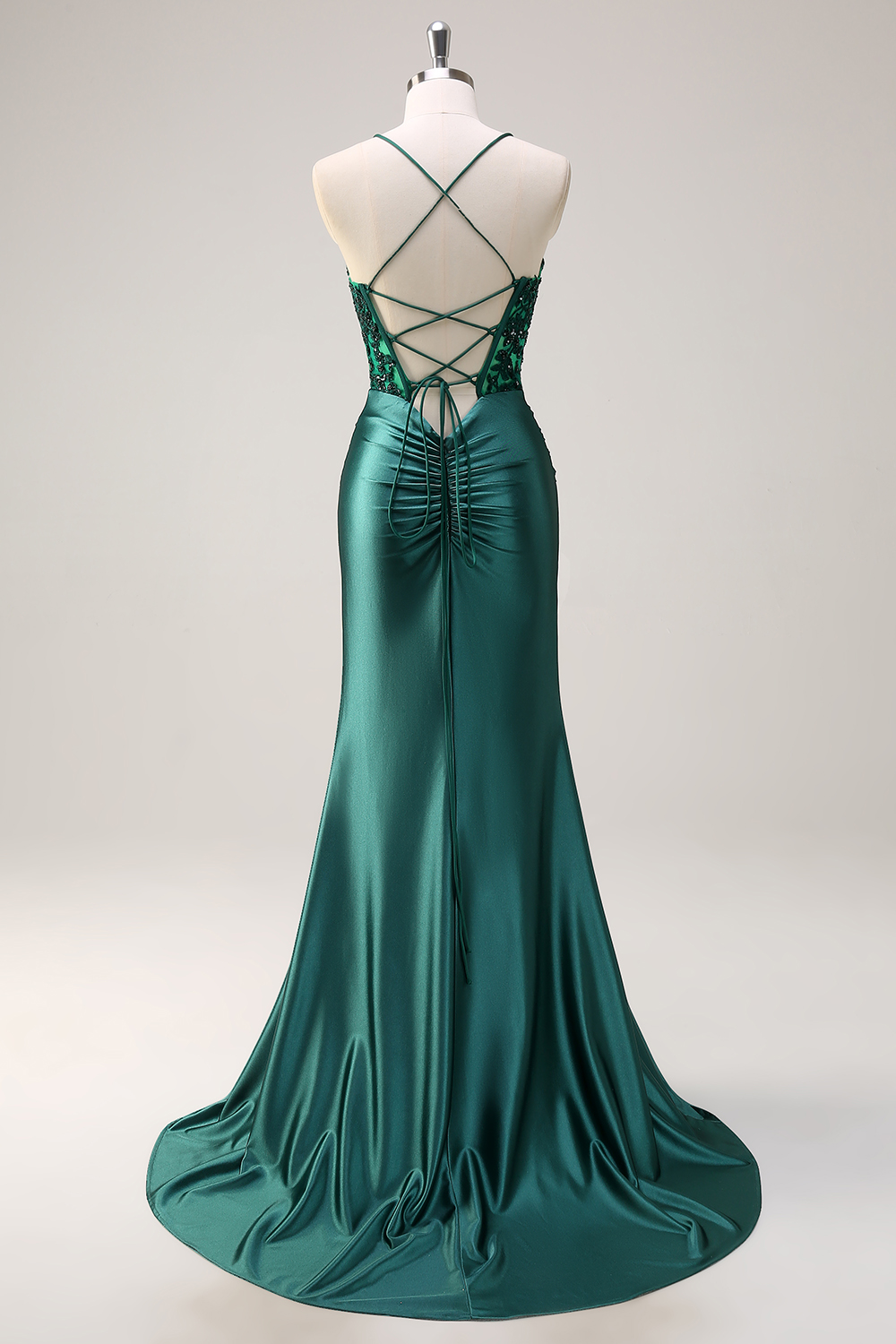 Dark Green Spaghetti Straps Satin Mermaid Long Corset Prom Dress with Slit